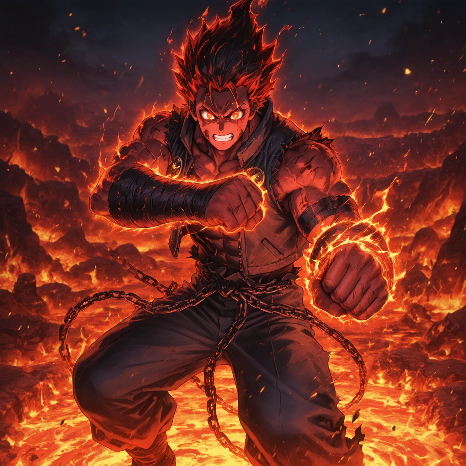 This unique artwork depicts Kamado Tanjiro in a transformed state, fully embracing his demonic powers. The artwork showcases a dramatic transformation where Tanjiro’s appearance is altered with the influence of the demon within. His once gentle expression is now twisted, and his eyes glow with a fierce, amber intensity. The artwork features intricate details, such as elongated, sharp claws and fangs, as well as demonic markings that spread across his body. The background is set in a dark, ethereal atmosphere, with shadows and flames swirling around Tanjiro, highlighting his newfound power. This artwork captures the intensity and ferocity with which Tanjiro fights against the forces of evil as a demon slayer
