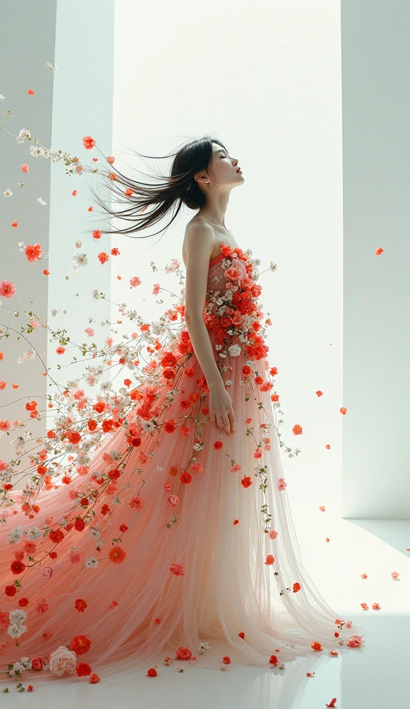 Light red tone, background of transparent soft pale green voile in a pleat, minimalist, elegant, pure gentle, soft light, photorealistic. Hypergiant red poppy with huge and long petals. (petal made of thin and soft tulle, flowing petals full background, floating petals, hyperflying petals, Smoke and petal effect mix). Beautiful woman in full growth, Beautiful legs,shoes,in a fast dance pose, (Ultra detailed face, hyperrealistic) posing with this lotus, woman holding green stem in front of her, lotus center in the photo, woman looking at viewer, permission 8k, masterpiece, top quality,
