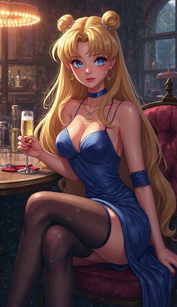 Blonde woman in blue dress sitting on sofa drinking a glass of wine, Style Artgerm, Look at the camera,beautiful and seductive anime woman, Beautiful anime woman, Blonde anime girl with long hair, seductive anime girls, stunning art style, Extremely detailed Artgerm, attractive anime girls, art-style, digital art of an elegant, Beautiful anime girl, High-quality fanart