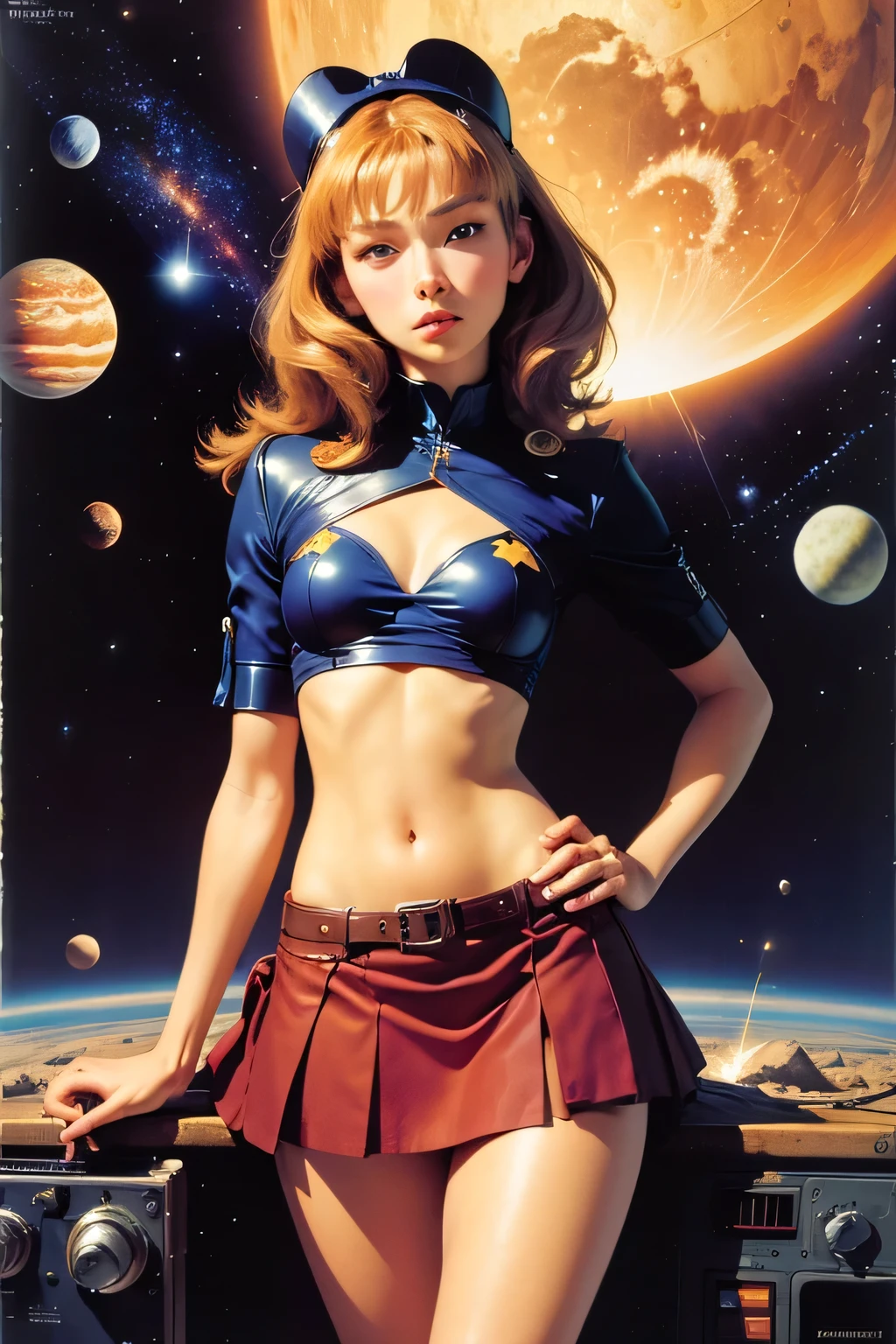 (masterpiece:1.2), Super detailed, ultra high resolution, (realistic, photo realistic:1.37), High-definition RAW color photos, professional photos, highly detailed face, very fine eyes, highly detailed skin, very fine fingers, highly detailed nose, highly detailed mouth, perfect anatomy, highly detailed background, (famous japanese actress:1.2), (Improve:1.35), (flat chest), (brown race, black skin, blonde hair:1.3), (Very short cut hair, Curl inside hair:1.2), (whole body:1.3), (explosion, 超新星explosion, Milky Way, planet, spaceship ,Infinity, starry sky with falling stars:1.4),
