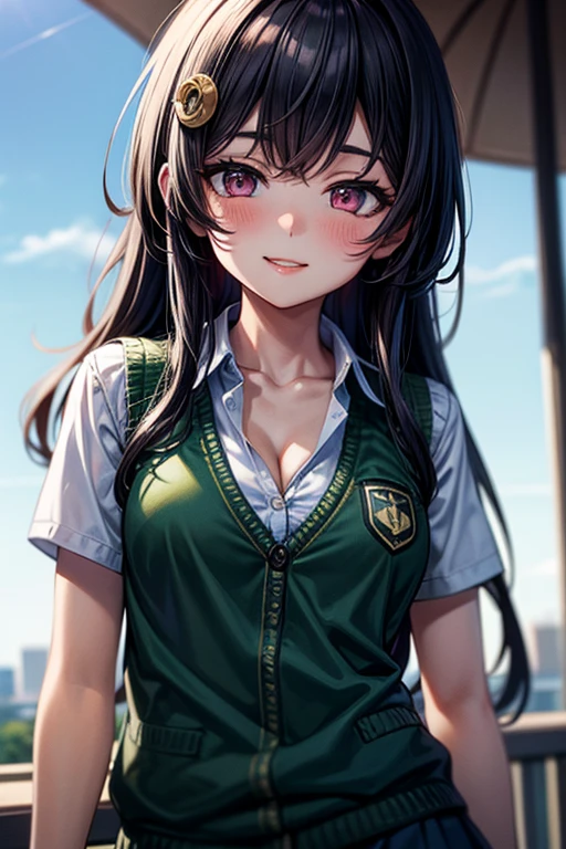 1girl in、A smile、The shirt、skirt by the、（medium tits）Chilarism、Japan High School Student Uniform green and black、serafuku、summer clothing、Squall Drenched Uniform、（Sheer Bra）、Upper body portrait、