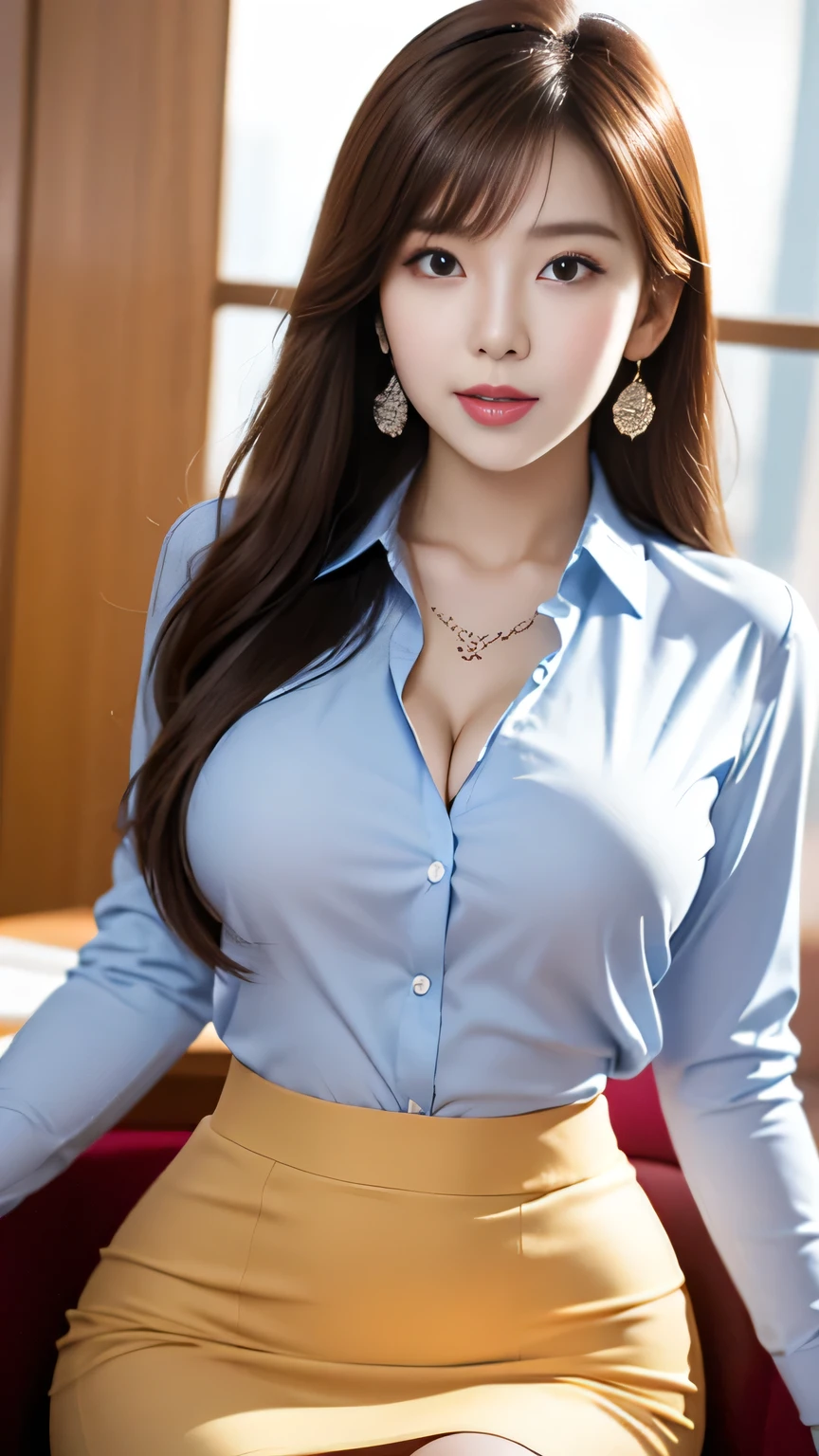 (8k, raw, masterpiece: 1.5), (professional photograph, sharp: 1.2), (natural sun light), (soft shadow), (photorealistic: 1.4), perfect dynamic composition, (((half body photoshoot))), (1 girl), (Ultra-detailed face and skin), gorgeous face, perfectly proportioned face, dark brown eyes, round eyes, beautiful eyes, glossy eyes, ((aegyo sal)), high nose bridge, blush, plump lips, really moist skin, white skin, (delicate skin:1.4), (latex skin:0.4), (perfect glowing skin:0.6), (black colored long straight hair, bangs), (extremely slim body), (huge breast: 1.25), huge smile, gold necklace, (shot from front: 1.5), (Light purple office shirt:1.2), ((navy blue long skirt:1.2),