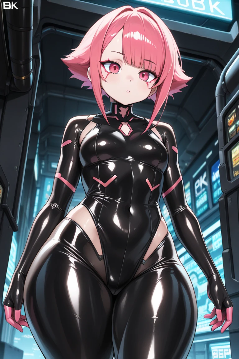 {1girl in},{{{{{masutepiece++, Best Quality++, Ultra-detailed+, 超A high resolution,(Photorealistic:1.4)Cowboy Shot,Mash Kyrielight, (Fate)Raw photo,(Mash Kyrielight)+,(Mash Kyrielight)+,(Mash Kyrielight, (Fate),Pink hair,Short hair,Purple eyes,Hair over one eye ,((Girl in black latex full body suit 1.4)),very aesthetic, Best Quality, absurderes, 1girl in, Brainwashed,}}}} ((purple glowing eyes 1.2)), (huge-breasted:1.2)The shape of  is clearly visible、(The shape of the pubic area is clearly visible))deadpan, laboratory, Darkness Room, (Neon light:1.2), (Night:1.5), stand up and salute