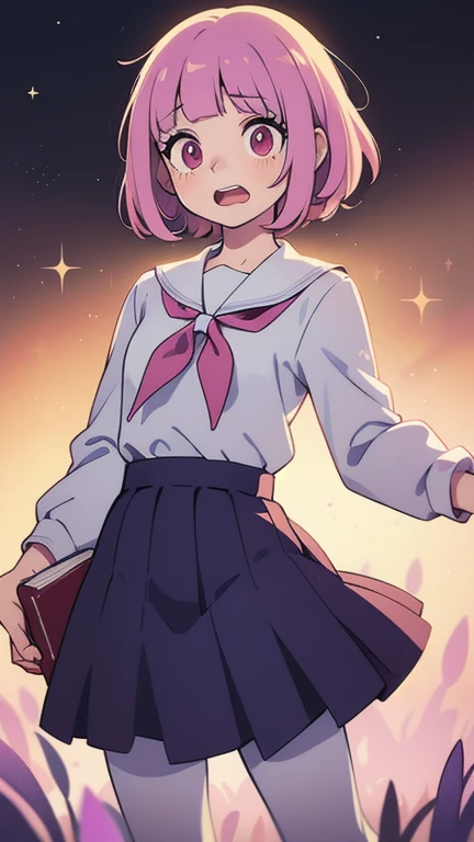 Vintage anime girl, 90's anime style, old animes, noise, chromatic aberration, good quality, old anime, naoko takeuchi style, vintage anime, sparkling big eyes, sfw, pretty teenage girl with silky short pink hair, heart shaped lips and blue eyes making a cute face, aaichika, Nakano Ichika from The Quintessential Quintuplets, Ichika Nakano, masterpiece, 4k, ultradetailed, cowboy shot, nakano Ichika, pink hair, blue eyes, sparkling eyes, black blazer, collared white shirt, green pleated skirt, school uniform, full body, dynamic pose, moving, dynamism