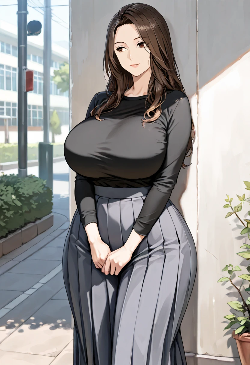 Long black hair, school uniform dress, massive sized boobs, huge boobs,thigh legs, short school skirt, holding a school bag,standing,black colour eyes,ultra realistic detailed brown eyes, beautiful and perfect face, school background, Carla Yeager, black hair