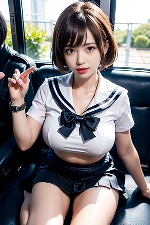 Very detailedな CG Unity 8k 壁紙,highest quality,Very detailed,masterpiece,Realistic,Realistic,Bright lighting,17 years old,Japanese High School girl、very cute、Innocent big eyes,((Droopy eyes))、Long eyelashes、(Watery eye),((Ecstasy face))、Pant voice、blush、(sleepy)、(Brown hair with bangs),Perfect Skin,Shiny skin,Pure white skin,Fine skin,Big and ample breasts,((Perfect Anatomy,Nice hands,Perfect hands,Five fingers connected to the palm,Precise needles without discomfort)),(Short-sleeved white sailor suit:1.5)、Japanese High School、(Gorgeous white lace panties:1.3)、(My sailor suit got torn、I can see the white bra:1.3)、((Navy Pleated Mini Skirt:1.5))、((Spread your legs wide:1.5)),(Lift your legs)、(Her white lace panties are visible:1.5)、(Gorgeous white lace pantiesを精密に描く:1.3)、((View from below:1.55))、((Thin thighs))、((Thin legs))、Beautiful feet、in the train、