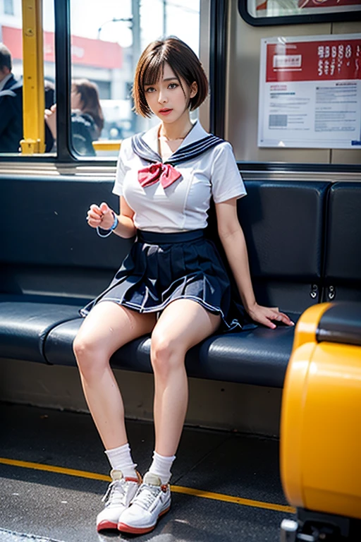 top-quality,ultra - detailed,tmasterpiece,hentail realism,photoreali,Bright lighting,1 girl in, an extremely beautiful 17-year-old girl, (kawaii:1.2),thin smile, (Brown eyes),(A brown-haired),(By bangs),perfect glossy shiny skins,Flawless skin,((erotick,Sexy and sexually explicit)),((Precise pointers,There is no incongruity)), Large full breasts,Bumps,areola of breast,Big breasts Thin waist, looki at viewer,((a sailor suit)),((Short sleeve uniform white shirt)),(red necktie),(Blue mini pleated skirt),(((skirt lift by yourself))),(lifted by self),(showing panties),On vaginal underwear,panty focus,((Squat,spread their legs)), sockes, (Black Knee Socks),(Loafer shoes), In the daytime,On the train,Horizontal bench seat with your back to the window