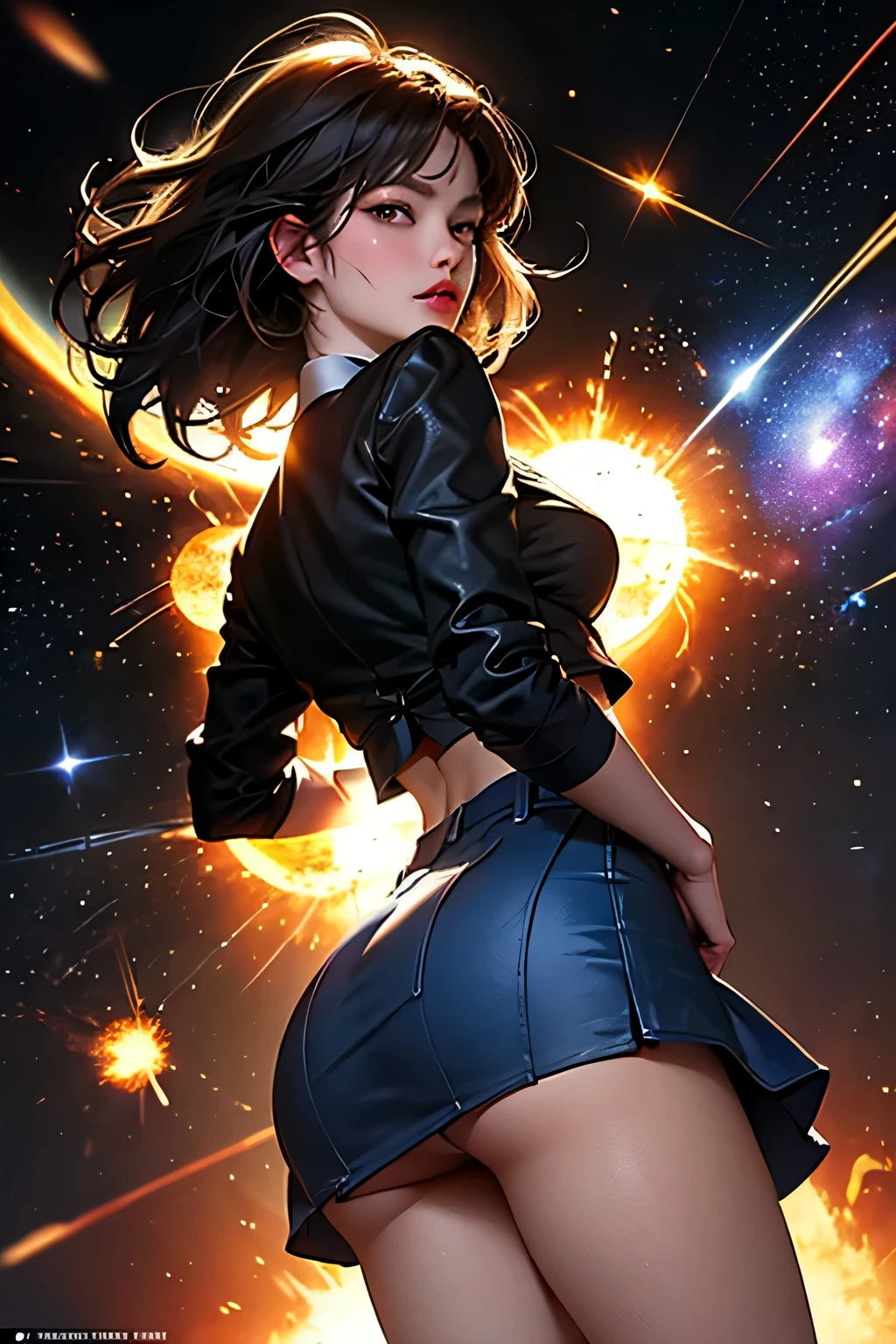 (((masterpiece:1.4, Best Quality:1.4, 8K, ultra high res, Physically Based Rendering))), full body Portrait, ultra Beautiful Sexy Woman, very pretty Japanese women, perfect body:1.1, 24yo, solo, Detailed large eyes, detailed thin eyebrows, Highlights in the eyes, ((light brown very long straight tied back hair:1.1, hair behind ears)), strong wind blows her hair, Highly detailed facial and skin texture, Crisp focus, Clear focus:1.2, Slender beauty:1.4, ((gigantic breasts:1.5))), Slim abs, oval-face, light makeup, Clear facial features, ((smile:1.2, open mouth)), (((topless:1.3, breasts exposed, erect nipples))), ((only wearing a plaid pleated miniskirt:1.2)), flip the skirt and pussy exposed, (((detailed beautiful pussy exposed:1.4, open pussy:1.2, pubic hair:1.3, SEX, sperm dropping from the pussy:1.2))), long beauty legs, (transparent knee high black stockings:1.4), full body shot, crawl on all fours:1.2, stick out one's buttocks:1.4, looking at viewer, ((from behind:1.4)), (from below:1.7), ((sex on the beach:1.4)), (starry sky full of stars:1.5),