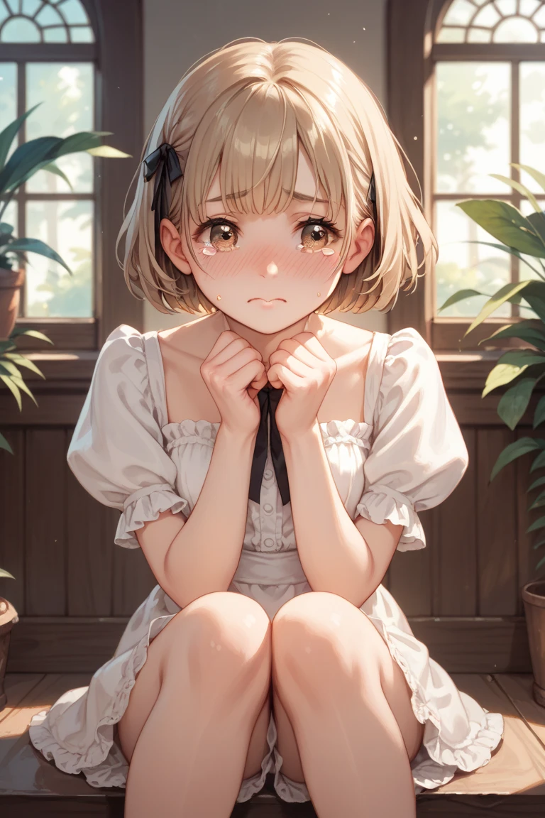 masterpiece, Highest quality, Very detailed, High resolution, An expensive solution, High resolution, 4K, 8k, ユニティ 8k 壁紙, Very detailed CG, masterpiece, Realistic, 2D, 3d, Beautiful details, depth, Fine texture, Great quality: 1.3, Fully focused, Crispy.skin, .he, Very cute anime girl about 3 years old, Expensive silver short hair, Girl about 3 years old, alone, pretty blue dress, blush, Mole, Release your lips, hair ornaments, heart, Purple eyes、Condom in mouth、A defiant smile、In a dimly lit alleyway, I rolled up my skirt、クーラーの室外機の上にsit、Crotch close-up、Angle from below、I can see your underwear、Translucent slip、Spread your legs、Looking down from above、front、sit、Cotton panties