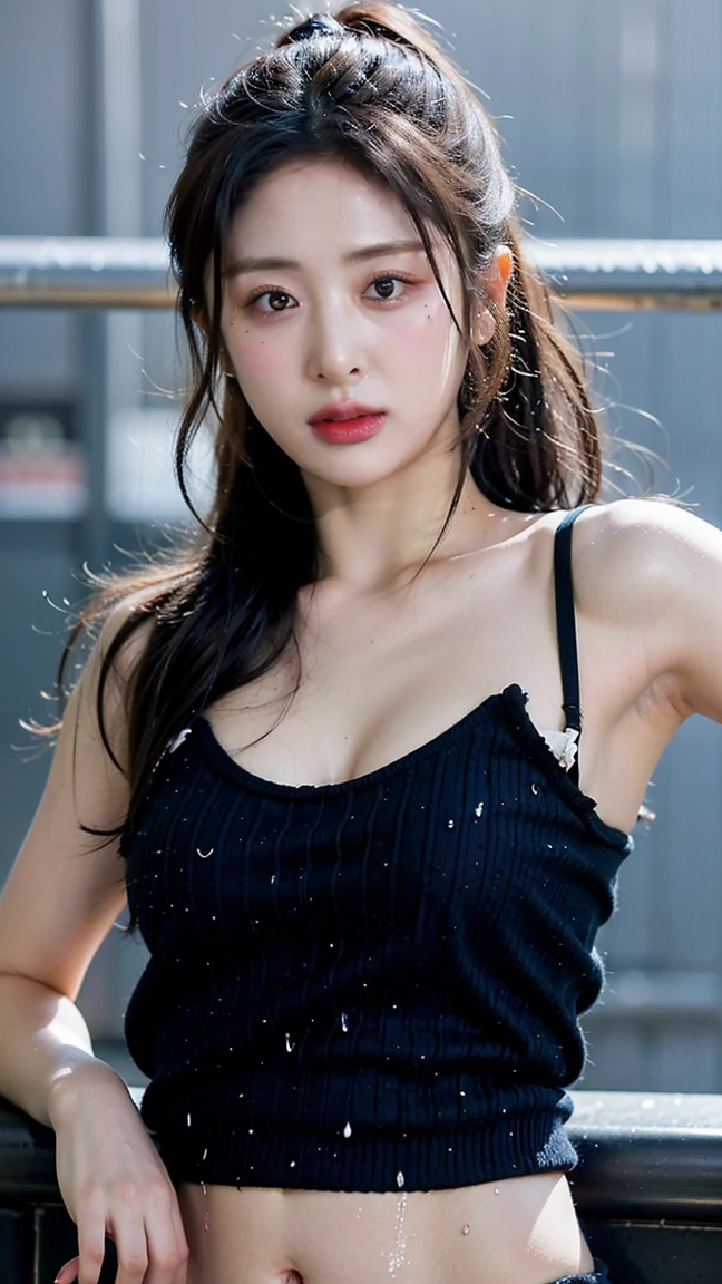 realistic, 1 women, best quality, 12k, HD, long hair, big round breasts, cleavage, ponytail, necklace, jewelry, shorts, short jacket, slim hips, hair tie, yellow eyes, black hair, super detailed, Eye details, hair details, person details, mouth details, face details, breast details, clothes details, hair details, pants details, hand details, whole body