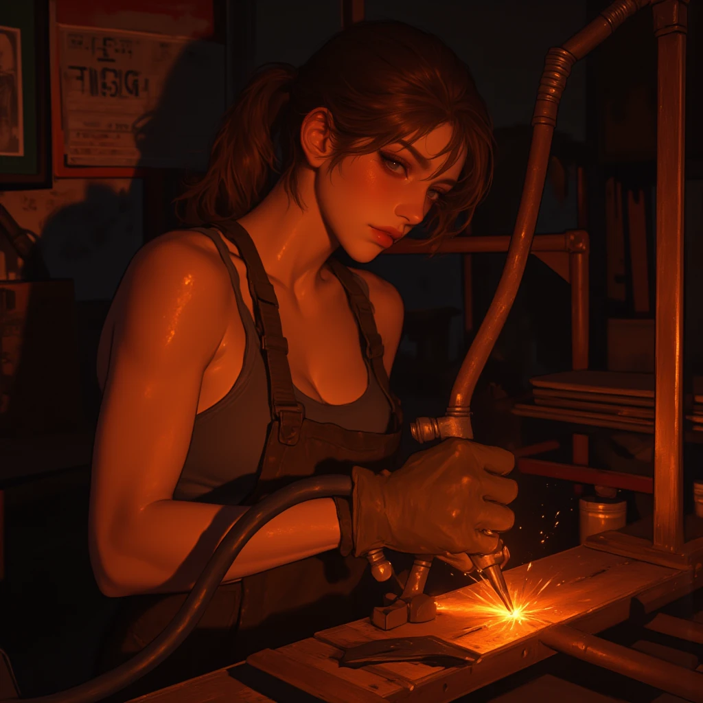 chell(portrayed by Kate Mara), ponytail, tank top, clothes around waist, cleaning a portal gun at a workbench, bright morning sunlight shining through window (zrpgstyle) (masterpiece:1.2) (illustration:1.2) (best quality:1.2) (detailed) (intricate) (8k) (HDR) (cinematic lighting) (sharp focus)

