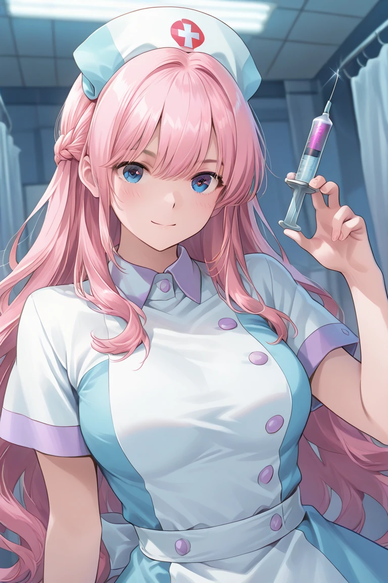 1woman, solo, nurse, nurse cap, white wear, ((white legwear, zettai ryouiki)), white gloves, long hair, purple hair, red eyes, pink lips, smile, standing, ((hospital room)), sharp outline, short sleeves, mature female, 35 years old, best quality, masterpiece