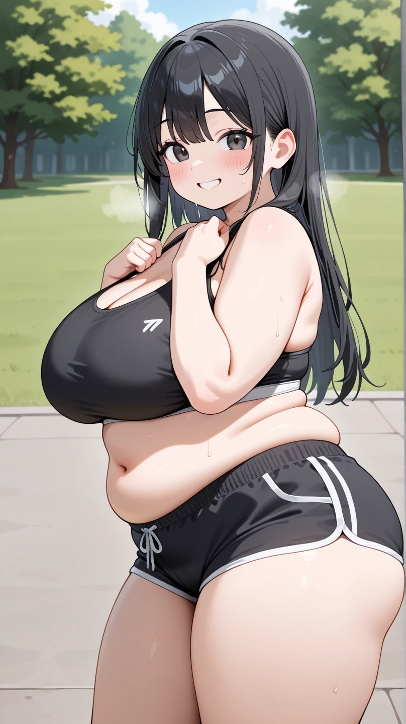 (masterpiece, best quality, highly detailed), 1girls, big belly, blurry background, huge belly, art by kipteitei, round belly, chubby, curvy, simple_background, gradient_background, belly grab, enormous belly, fat belly, thicc, bigger belly, really big belly, jiggly belly, shirt covering belly, belly cover by shirt, glasses, gym clothes, thighhighs, (sweating), (exhausted), ((full body)), long hair