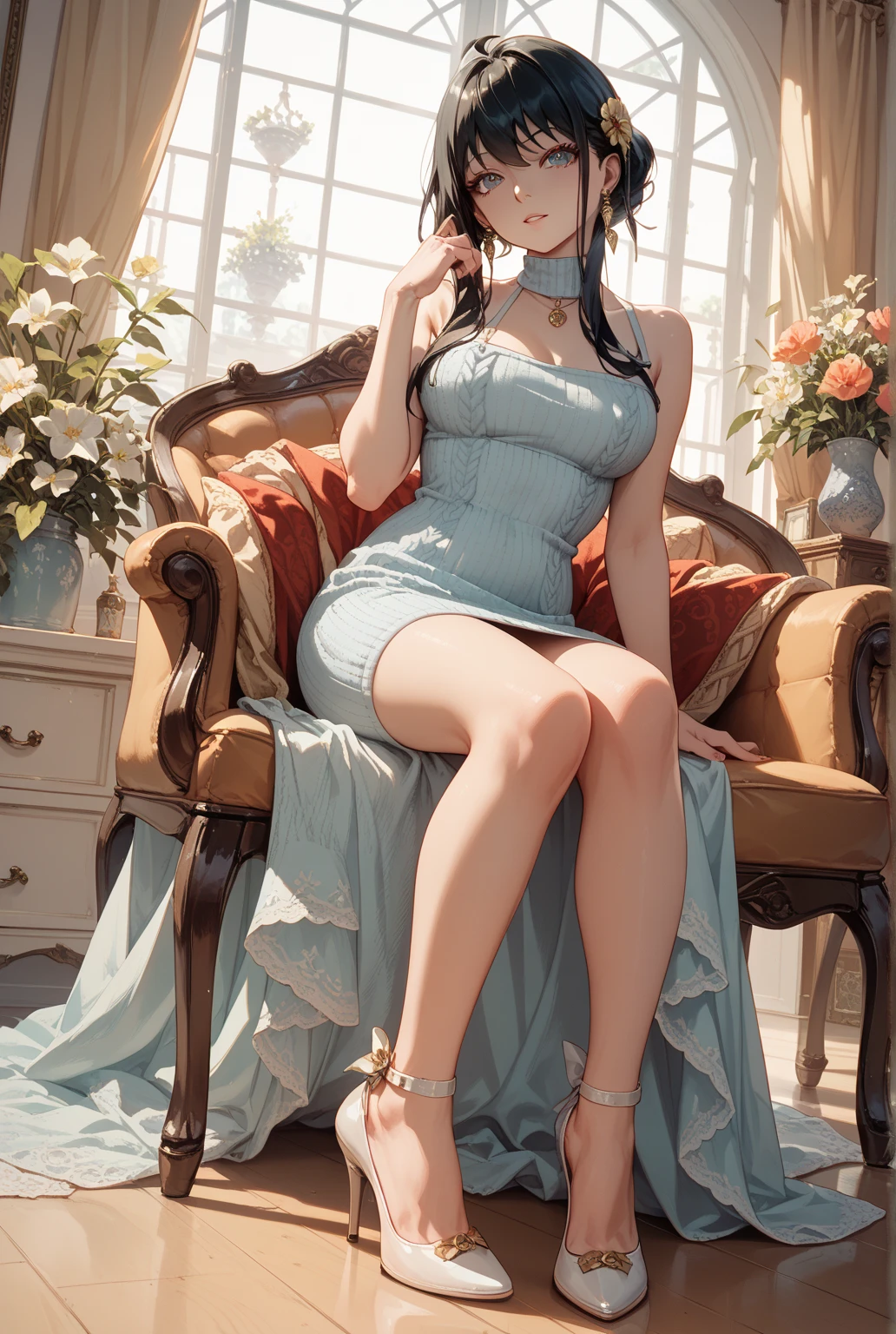 Lara Croft from the game Tomb Raider in a very sexy evening dress in the color Blue White Red she wears a pair of heels open to the feet with a beautiful pink nail polish