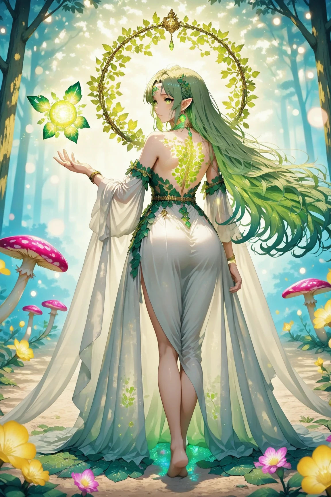 Goblin, green skin, feminine, pretty face, pregnant, big belly, big breasts, big butt, large hair, princess, royalty, royal dress, crown, castle, palace