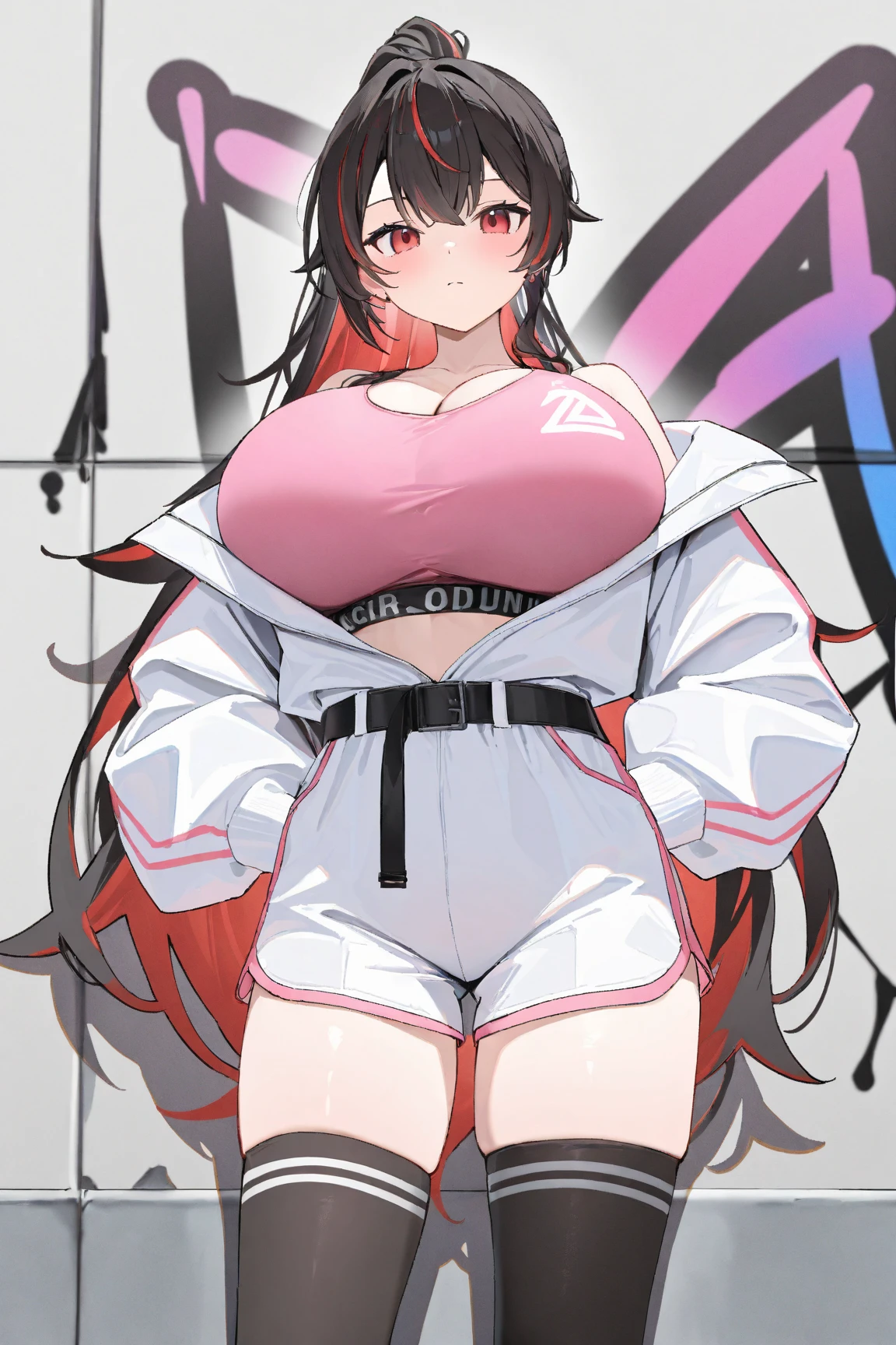 Girl, black hair,Orange eyes,Red shirt, Closed jacket,muscular,Toned body,Shorts,Very big breast,Curvy body