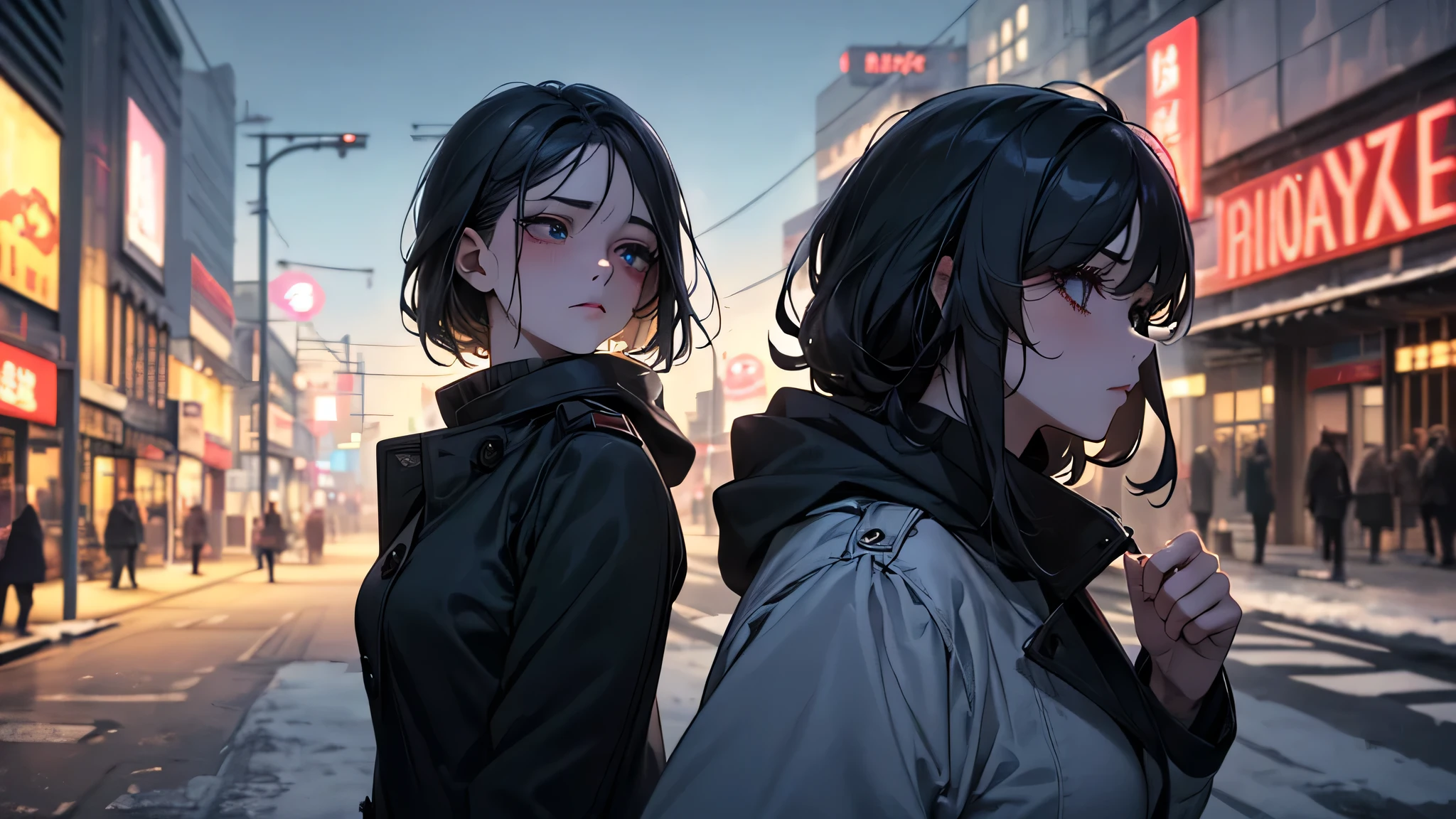 a close-up of a lonely girl in a long coat walking through a frozen cyberpunk city at night, her breath visible in the cold air, neon reflections shimmering on icy streets behind her, soft frost on her eyelashes, expression unreadable but fragile, cinematic focus on her face and upper body, surreal and melancholic atmosphere —ar 3:4 —v tyle raw