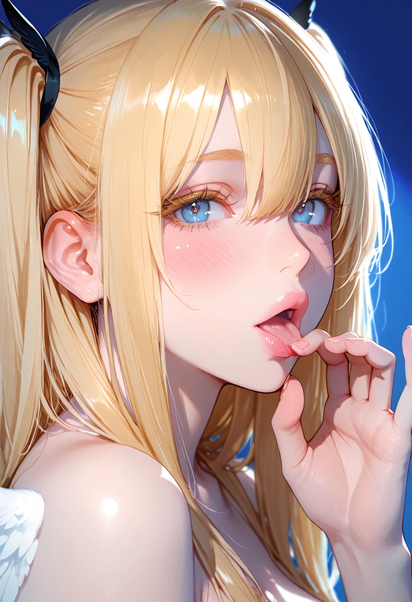 (masterpiece:1.2、Highest quality、masterpiece)、1 female、alone、classroom、Day、stand、blonde,Long Bangs,Disheveled Hair、blue eyes、(Completely naked:1.4)、(Whitening:1.4)、Big Breasts、Earrings、lipstick、Sweaty、Round 1、blush、(Face close-up:1.4),(Put one penis between her breasts:1.5)
