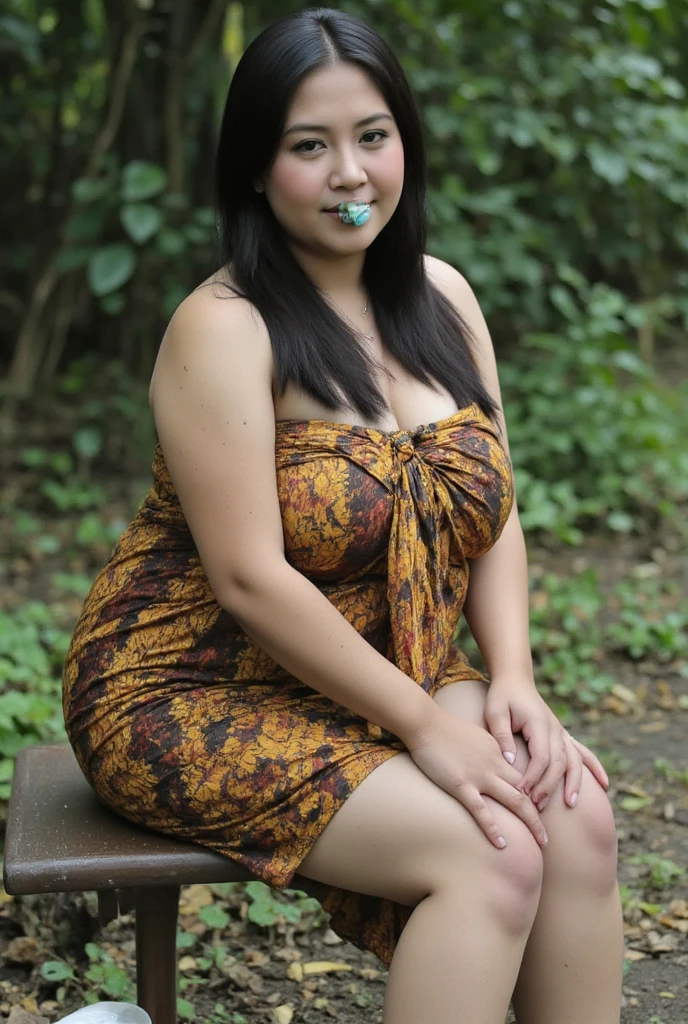 (hyperrealistic photo), exotic beautiful indonesian woman, plump, natural big breasts, knee-lenght sleeveless housedress with intricate abstract details, sit on garden swing under banyan tree, sensual pose, naughty expression, her hand on her breast and her vagina,  looking at the viewer, natural light, wide angle full-body shot, indonesian village house in the background,