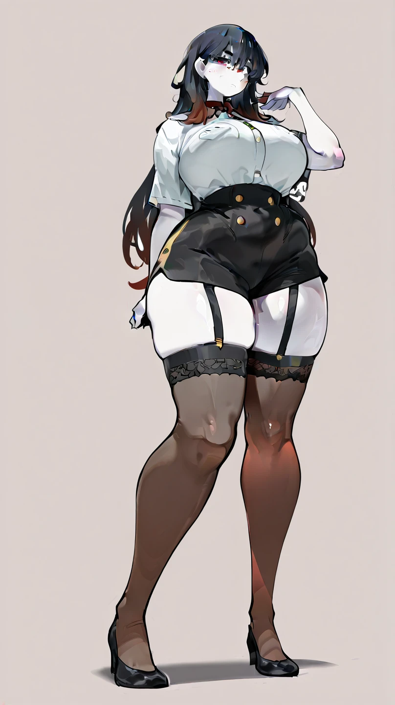 full body standing straight symmetrical, lustful smirking smile face red blush red cheeks, looking at viewer, holding tray, braid, maid headdress, maid, dress, apron, long sleeves, brown pantyhose, long leather militar boots, thighs, long white hair, masterpiece