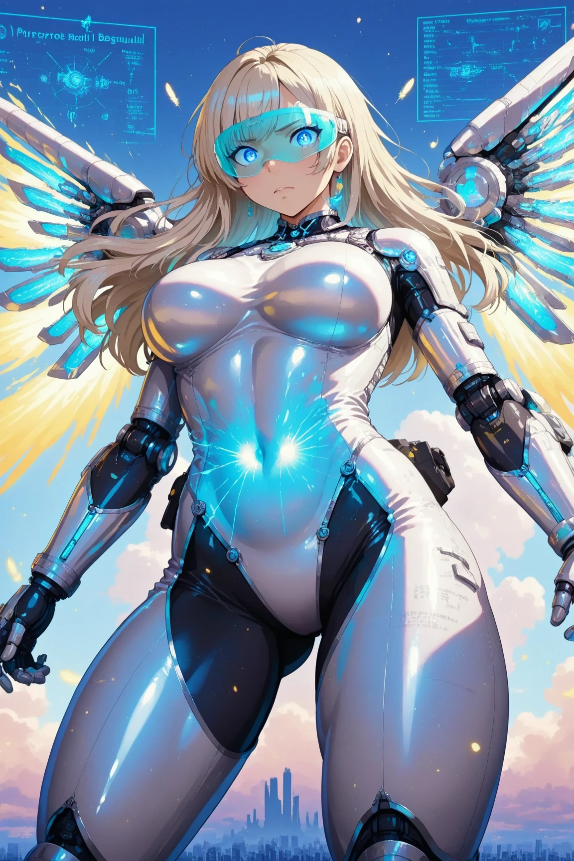 (((best quality))), ((ultra-detailed)), (((masterpiece))), (illustration), ((an extremely delicate and beautiful)), ((super detail)), ((high resolution)), (((20 years old))), metallic cloth, (cheerleader), (android), ((mechanical wings)), delicate metal decorations, gleaming skin, shiny body, two legs, breast focus, (((tall))), slender legs, ((big round eyes)), cute eyes, drooping eyes, ((adult)), two hands, five fingers, no extra hands, elegant smile, braid, medium length hair, ((metallic blue)), (see-through), (dark blonde), (ultra-huge breasts), (shining brightly), outdoor, mini skirt, city, daytime, ((biopunk)),