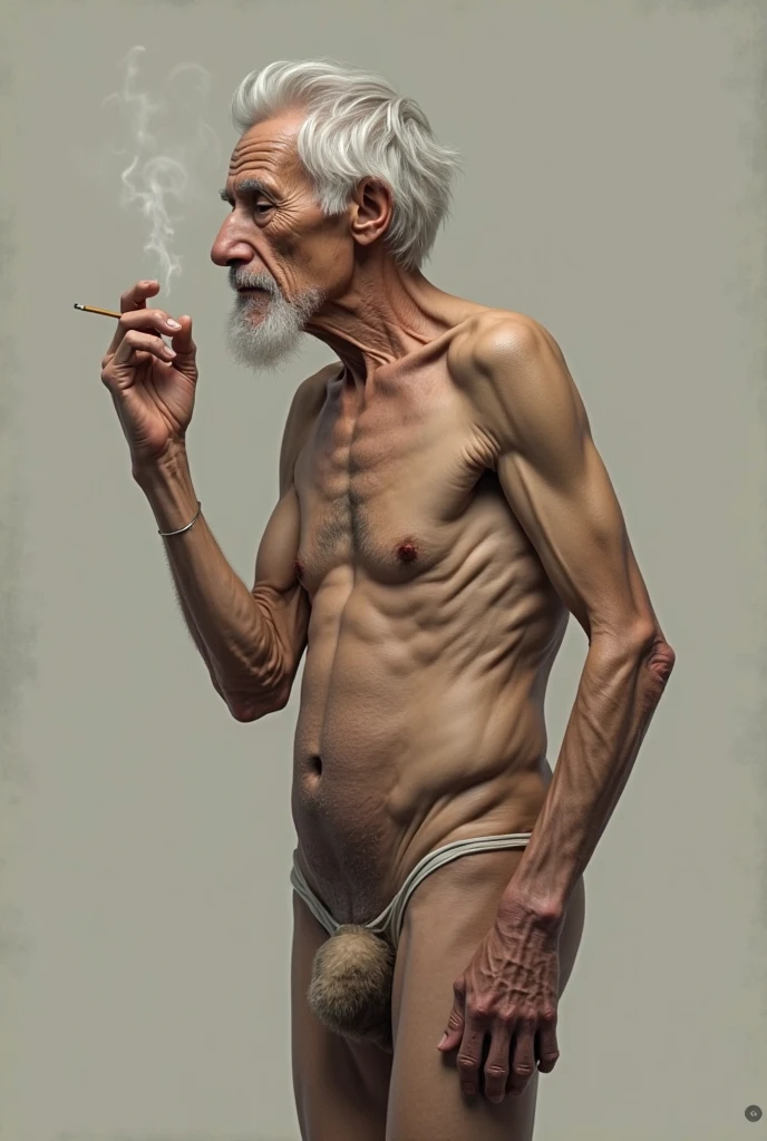 Lying on your back、Grey-haired man、Nude side view image、Side angle
