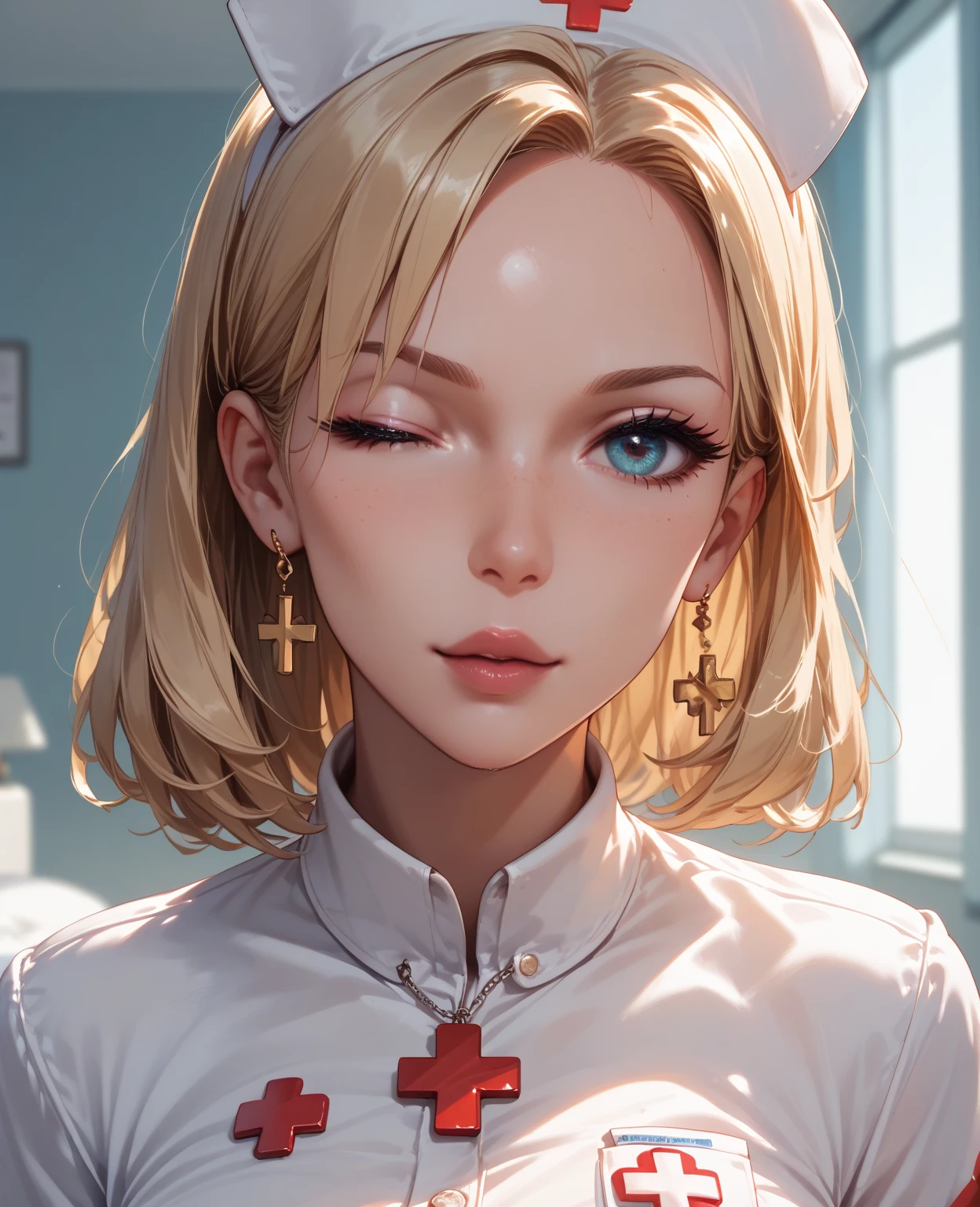 (best quality,highres,ultra-detailed,realistic:1.37), Young blonde woman with a short bob, Gray uniform, Freckles on the face, screaming in pain, disturbed, holding her head in terror, blood from her blue eyes, psycho, dark, horror, distorted, portrait, intense expression, haunted, nightmarish atmosphere, eerie lighting, surreal, macabre, unsettling colors