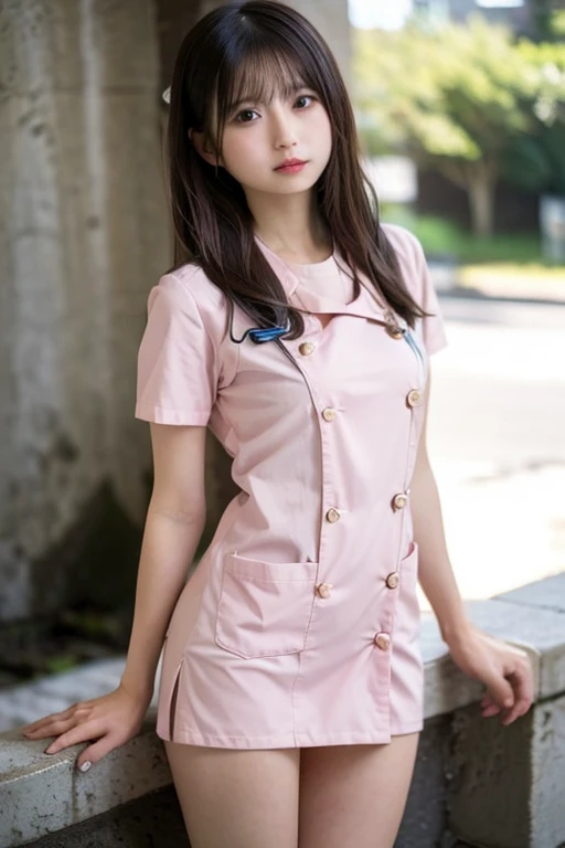 high quality, realistic, photography, human, masterpiece, brown hair, brown eyes, talking, laughing face, single nurse, light pink uniform, full body, assistance, outdoor