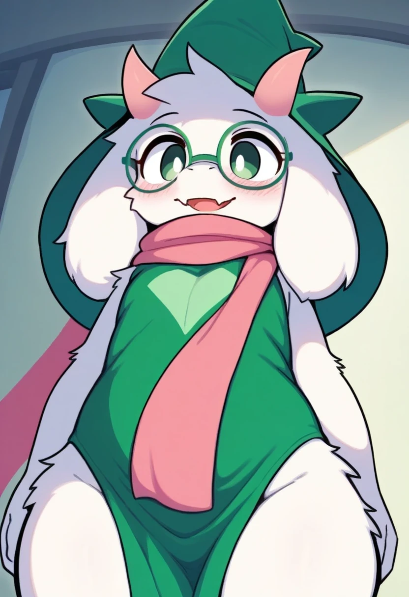 score_9,score_8_up,score_7_up, source_cartoon, source_furry, kemono style, ralsei from deltarune, Anthro furry goat boy, pink horns, pink eyes, feminine, femboy, tall slender body, fluffy body, hourglass figure, white furry body, wearing only his hat, green open cloak, pink thong, lying on a bed, bashful pose, 4 fingers,