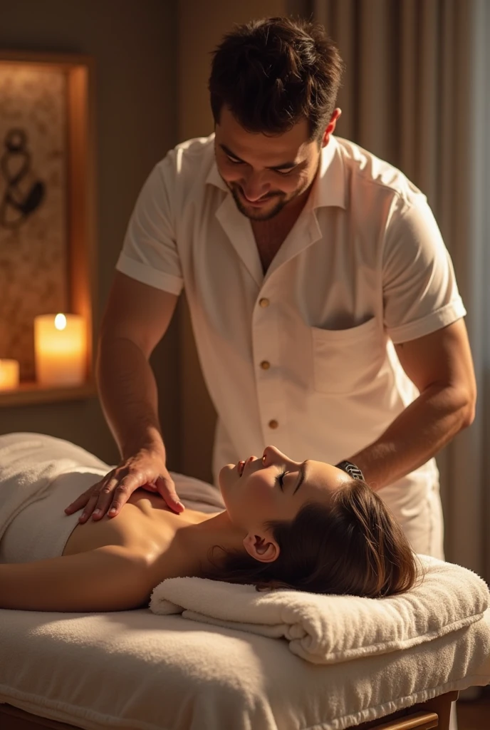 show a realistic image of a woman and show her full body, that she is completely naked receiving a massage to increase her buttocks, receiving that massage from a male masseur in a massage booth, Decorated with a comfortable, pleasant and elegant atmosphere