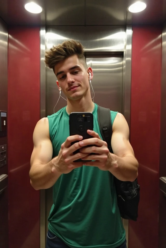there is a man who is taking a selfie in the mirror, taken in the early 2020s, usando una camiseta sin mangas escotada, xqc, plano medio de un guapo, Sin camisa, clina cristiana, foto en forma, Super polished and cool, haciendo ejercicio, delgado pero musculoso, en un planeta fitness, Dylan Cole, zac retz