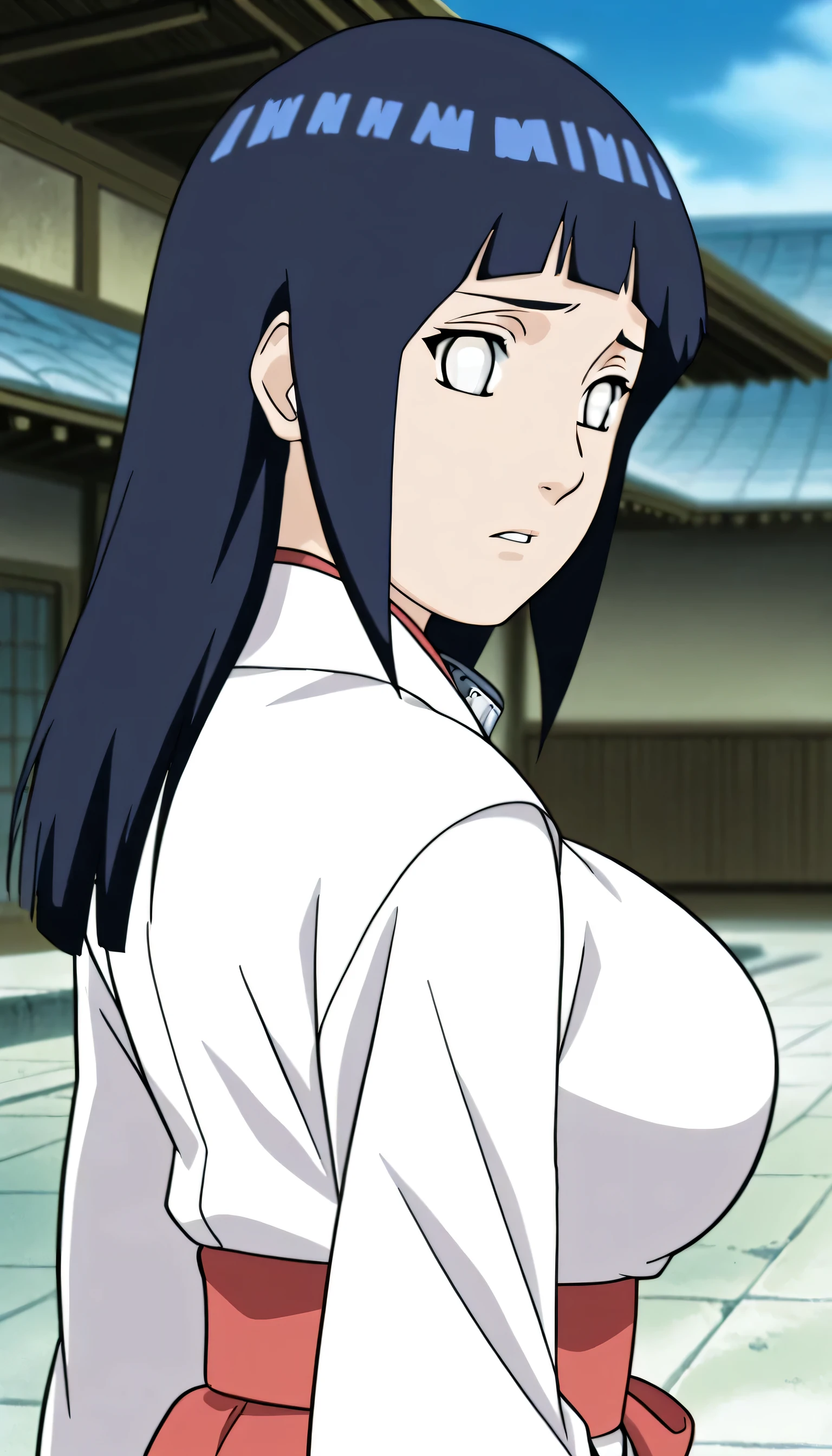alone, 1 girl, source anime, Hiwa Hinata, long hair, blue hair, Bob cut hair, White eyes, big breasts, Wearing a miko costume, Do a shaming pose, , turn back, look back, temple courtyard background
