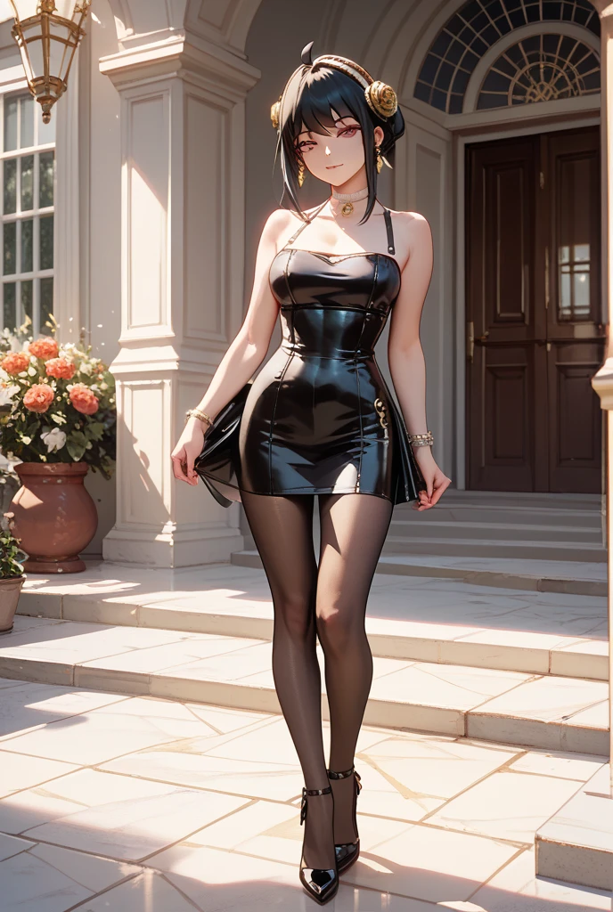 Anime girl with dark bluish hair in a latex dress and latex corset, 16 years old, beautiful body, big breasts, hands on her waist, hands in her hair, Sexy girl, bluish hair, side strands with a pink bow, hair with highlights with a bow, beautiful lighting, soft shadows, brown eyes, beautiful toned legs, short hair, anime style, hand on waist, hand in hair, character Akane Tendo, Author Rumiko Takahashi, Based on a work by Rumiko Takahashi, Anime Ranma 1/ 2, sexy cleavage , beautiful hips, full body, full body, young woman with beautiful body, sandals on her feet, 16 year old girl, wearing latex dress and corset, anime girl, anime style, beautiful feet in sandals, outdoors, big breasts, hair black, sandals on feet, beautiful legs, sexy, Sandals, big breasts, full body