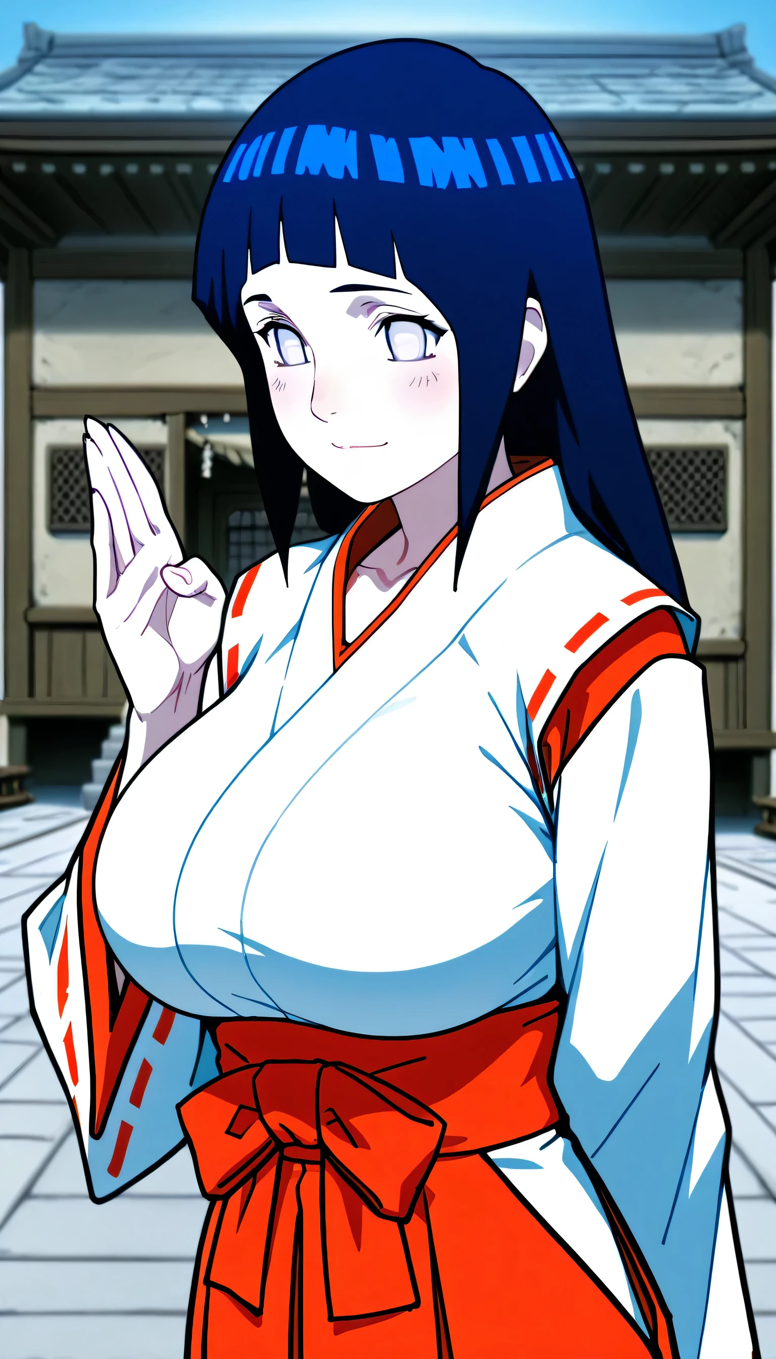 alone, 1 girl, source anime, Hiwa Hinata, long hair, blue hair, Bob cut hair, White eyes, big breasts, Wearing a miko costume, makes a bright, cheerful gesture, Gorgeous than anyone, temple courtyard background