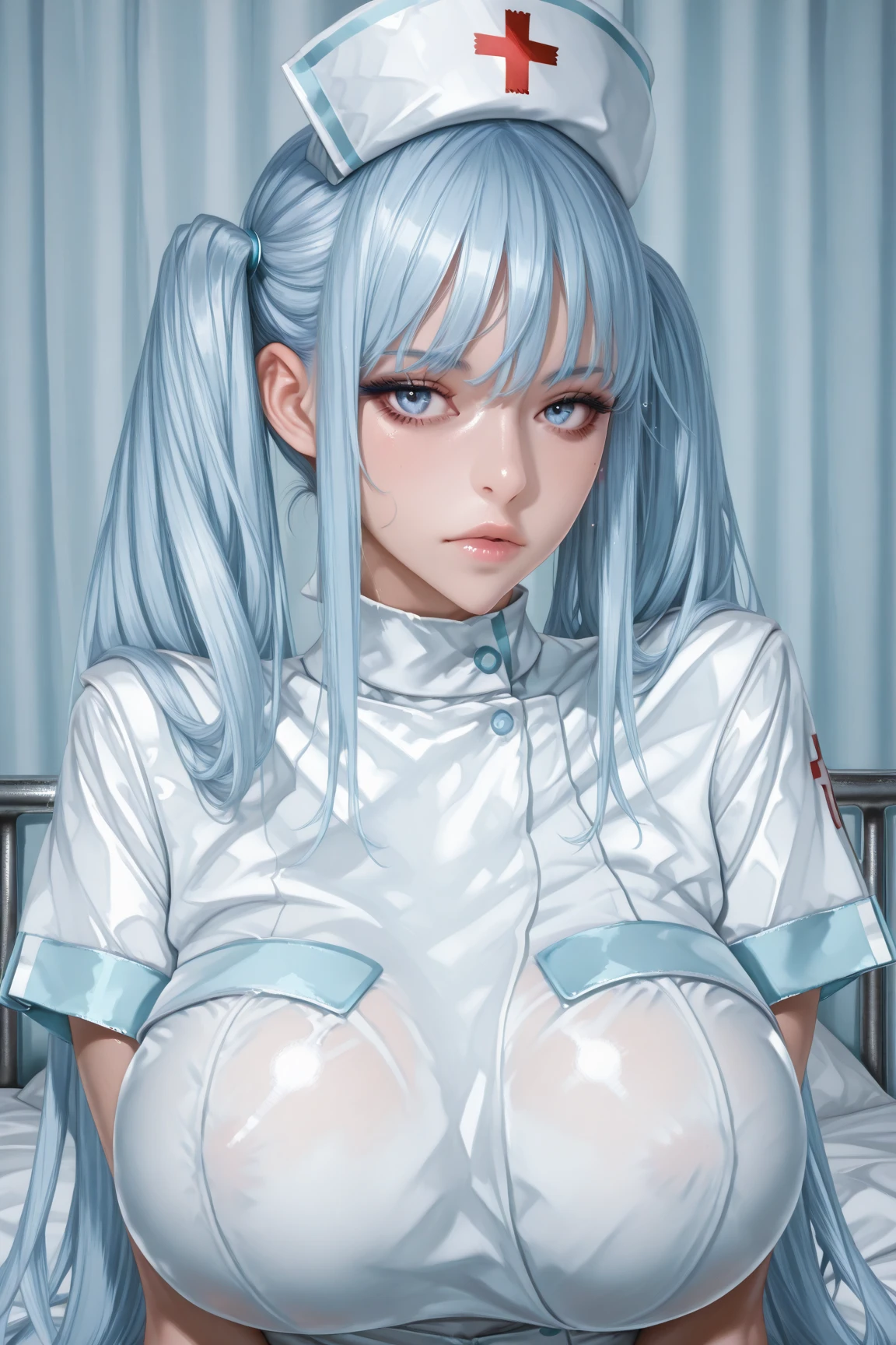 (Photos in RAW format, Best quality), (and souls: 1.2), (Sharp facial features), Aqua Konosuba, 1 woman, Beautiful, (very detailed skin: 1.2), (With teary eyes), (Blue eyes), Ulyubka, clavicle, cute face, Beautiful eyes, long eyelashes, ((perfect fingers)), Clean hands, (huge breasts:1.2), ((long blue hair)), ((White Nurse's Clothes:1.2, white stockings)), (((Beautiful breasts))), Examination room background, soft lighting, hands on the belt, high quality, professional lighting, photon mapping, physically based rendering, Perfect limbs, Ideal Anatomy, Anatomically correct,