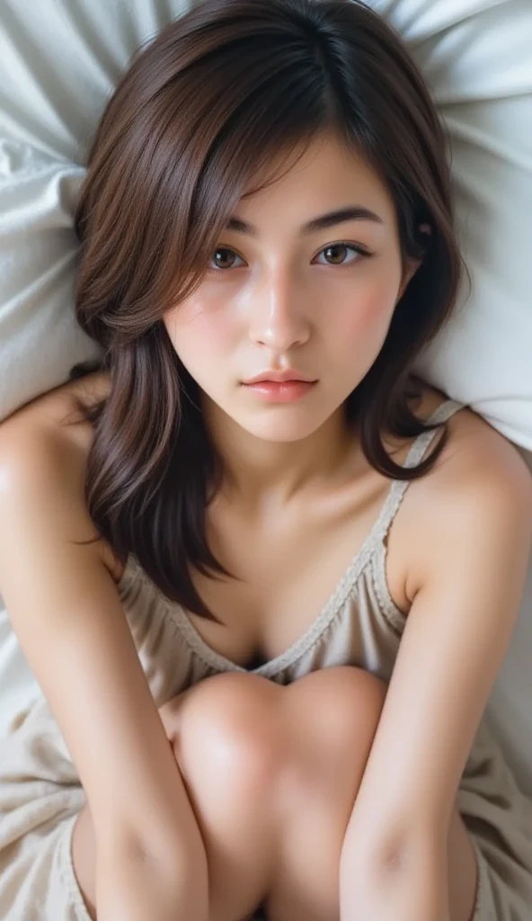 ((highest quality, masterpiece :1.3)), Photorealistic、Ultra-high resolution、Natural skin texture、Hyperrealism、Near Movies、Beautiful Japanese girl in her early teens、One girl、Tight crop top、Lying in bed、Frightened expression、Tears flowing