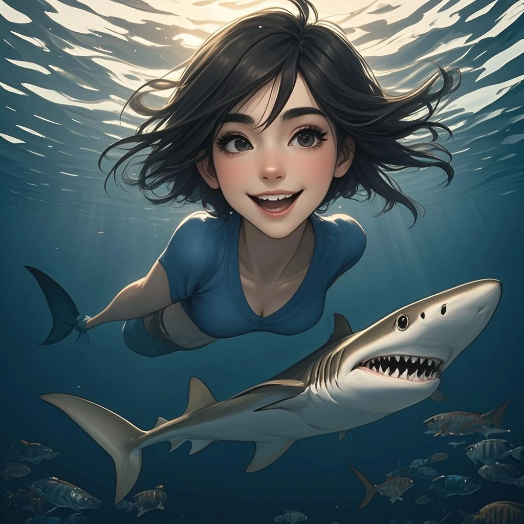Shark Girl、Coming out of the sea onto land、Laugh with your mouth wide open、shark teeth、Fantasy