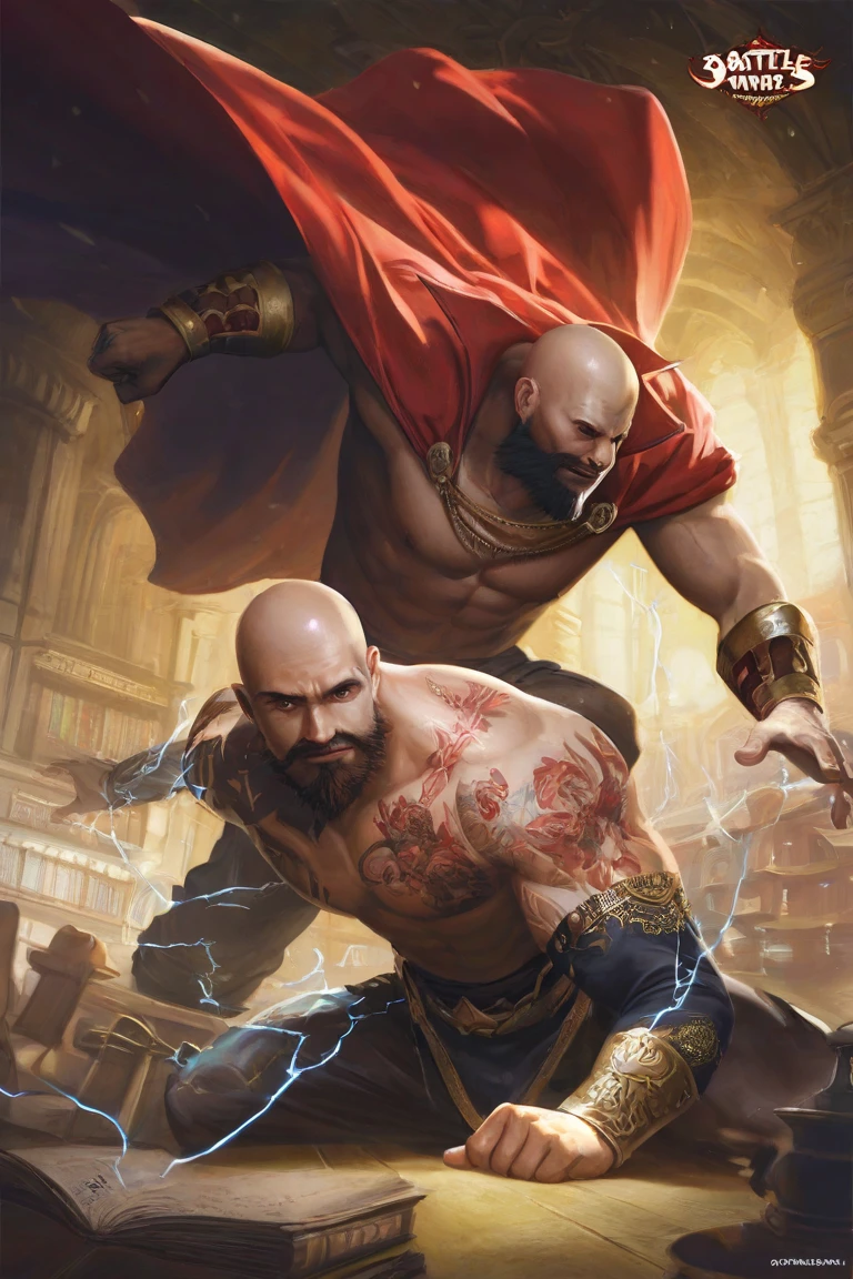 32K, Best quality, 巨作, Super detail, High details ， A tall man and I are sparring, I gesture for him to make the first move. Without hesitation, he leaps into the air, Wielding the Axe of the God of War，Has great power and sharpness. Behind him, a massive Xingtian shadow appears, attacking alongside him.,in the style of the stars art group xing xing,