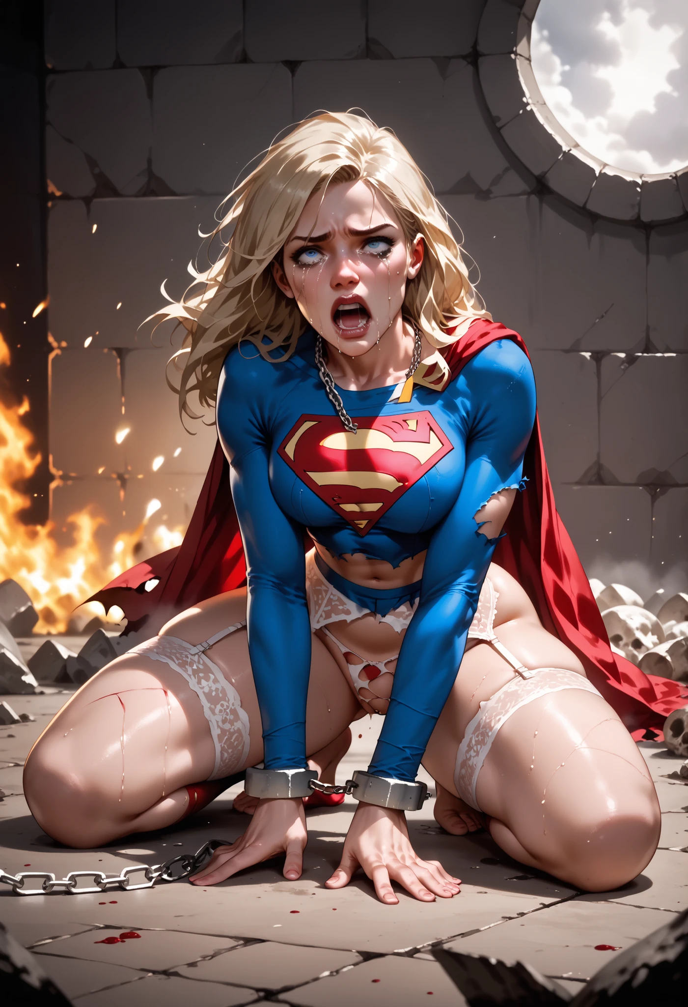 ((SUPERHEROINA SUPERGIRL INSIDE A MEN&#39;S PUBLIC BATHROOM, URINALS ON THE WALL, PISO SUJO)), HUMILHADA, DERROTADA, ((SUPERHEROINE SUPERGIRL, SITTING ON THE URINAL,  PERNAS ABERTAS, (SUPERHEROINA SUPERGIRL suada por todo o corpo), (Supergirl chorando muito). ((SUPERHEROINA SUPERGIRL tem cabelo loiro, ela tem cabelo longo)), ((SUPERHEROINA SUPERGIRL wearing a thick metal necklace around her neck )), (Your clothes are immoral, your clothes are indecent, your clothes are tight), ((Shibari, arms behind the back:1.4)), ((hands on back)), ((string restriction)), ((Inevitable restriction with ropes)), (obra-prima, melhor qualidade) 1.5, 1 garota, sozinho, (sensual, mulher bonita, rosto perfeito, olhos perfeitos) corpo inteiro, ((High definition face)), (((SUPERHEROINA SUPERGIRL ESCRAVIZADA, Tears stream down her face))).