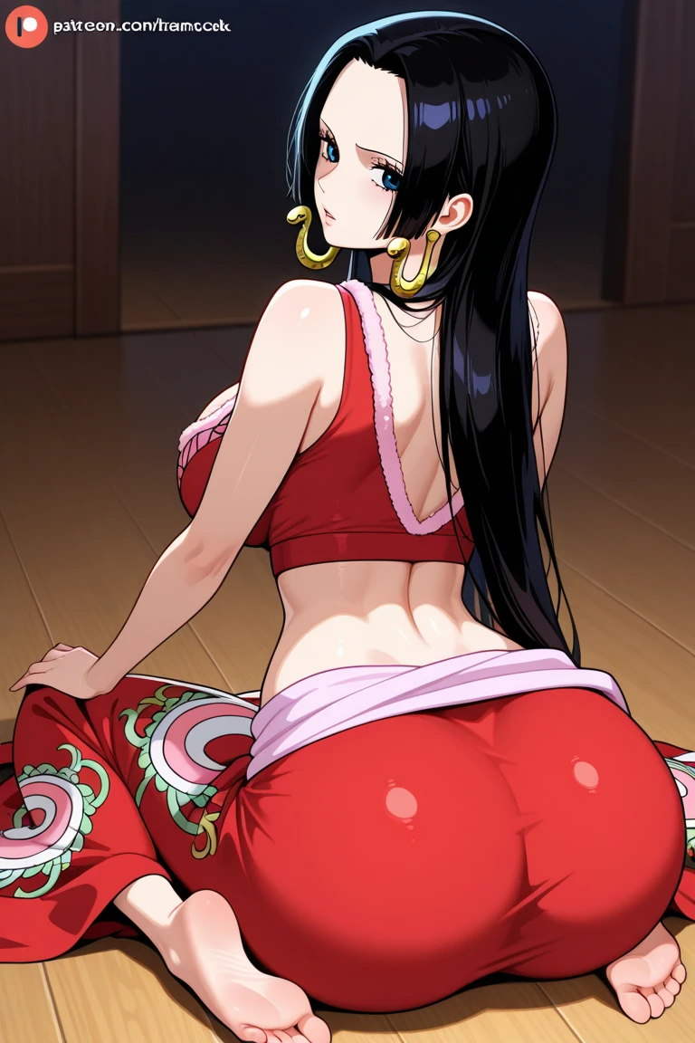 Nico Robin from One Piece wearing a tight black bikini and she’s look happy, high quality eyes, blue green eyes, Shiny eyes, Shiny white skin, puffy red lips, high quality lips, showing the ass, big ass, big boobs, best quality.