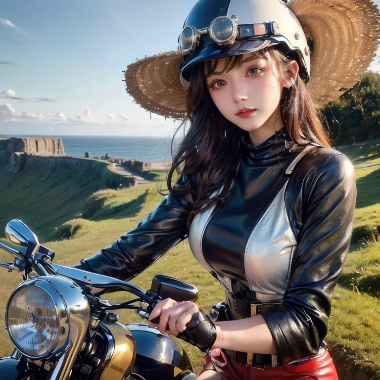 Top quality, realistic, award-winning illustrations, (intricate details: 1.2), (fine details), (intricate details), (cinematic lights, highest quality), sharp lines, sharp focus, official art, 16k, smiling woman, Brazilian, wearing hat, orange and black hat, posing for photos, (( Motorcycle Vespa model 1970)), white background, playful young boss, woman with amazing body, wearing a black and orange apron uniform, with medium black hair, a roll of fabric, next to a black hornet motorcycle, accentuated feminine features flirting with the camera