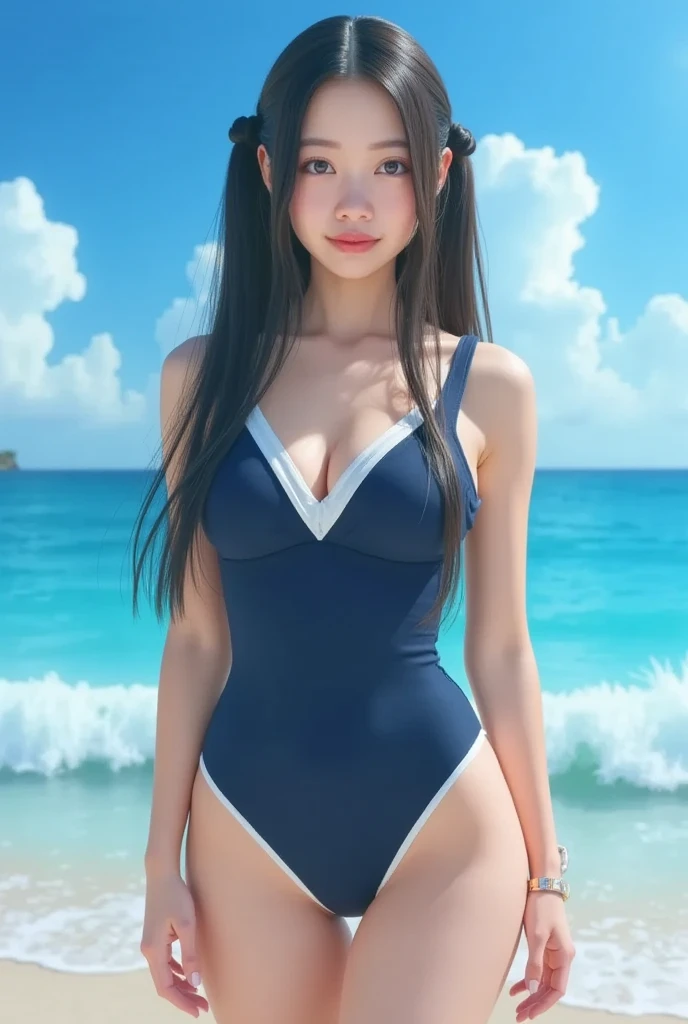 highest quality、Realistic、woman、Black Hair、Dark green eyes、Long Hair、Lemon yellow one piece swimsuit、Tanned dark skin、Tan Skin、Brown black skin、smile、Sweat、Ocean、Bust Shot