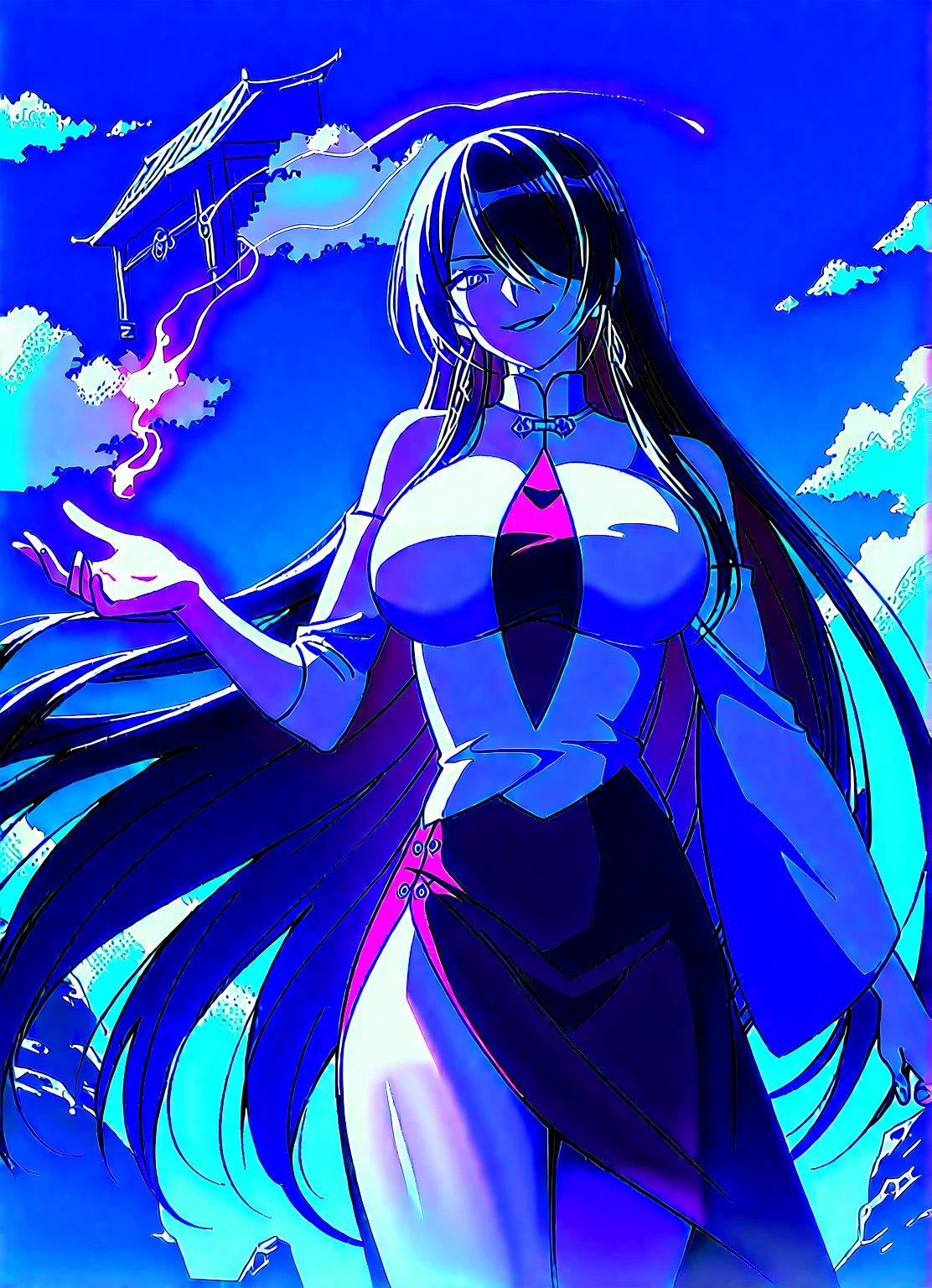 annangle,huge chest, curved, female,fantasyhere is a cartoon picture of a woman with a very large chest, , vest, pants, black hair, sacred aura, inspired by Luma Red, the non-binary deity of spring, ethereal rainbow nimbus, the butterfly goddess of fire, inspired by Marie Angel, will have shining around her, like the sun goddess, "uwu the prismatic person, big breast, happy, beautiful eyes, , full body, walking, long dress, long dre, nun, priestess, saint, body of venus, bent, huge chest, forest, walking, smile, sharp teeth, black coats, coat, jacket, maid, butler, pantyhose, jacket, shirt, black cloths, body suit, maid,,pants,skirt