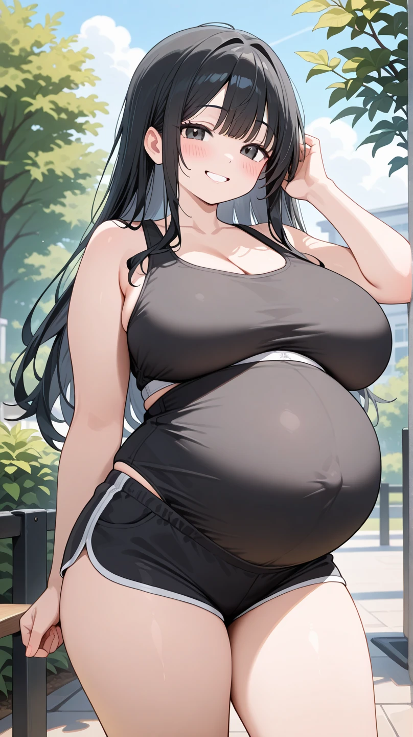 (best quality, masterpiece:1.2), (1girl, solo:1.2), cute, smile, detailed background, (looking at viewer, solo focus:1.2), light on face, sky, blue sky, sunlight, lens flare, depth of field, scenery, closed mouth,
osaka shizuku, long hair, hair ribbon, blue eyes, black hair, straight hair, gym, workout, hot, sweating, sweaty, purple clothes, see thru, yoga pants, (obesity:1.3), ((fat folds)), ((puffy arms)), (fat rolls, huge belly:1.2),