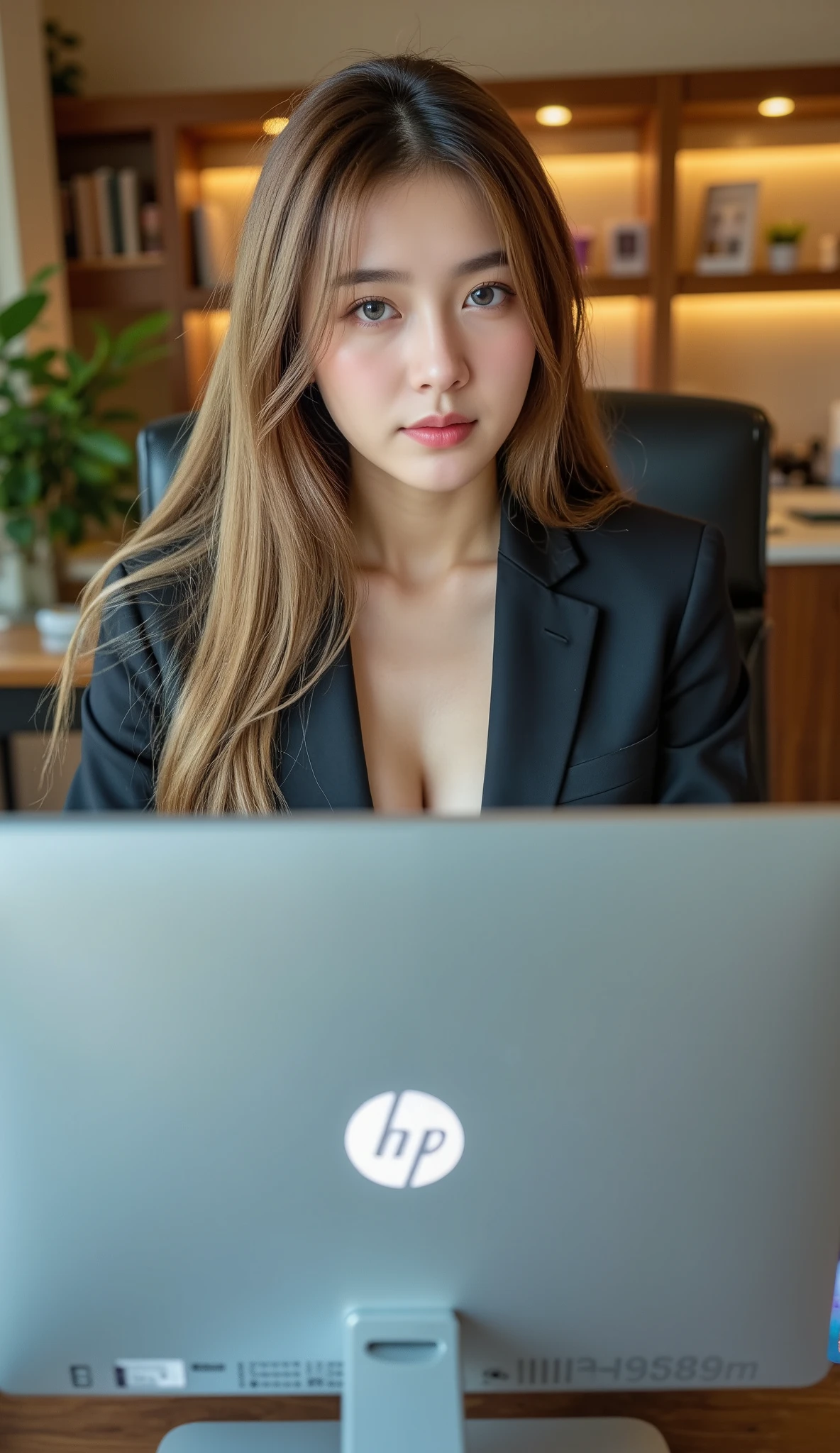 a beautiful girl with long blue blonde hair, detailed eyes, nose, and lips, wearing professional outfit, siting in her office, using her computer, hp comuter (best quality,4k,8k,highres,masterpiece:1.2),ultra-detailed,(realistic,photorealistic,photo-realistic:1.37),HDR,studio lighting,extremely detailed face and body, portrait,cinematic lighting,dramatic lighting,warm color tones,dramatic colors
