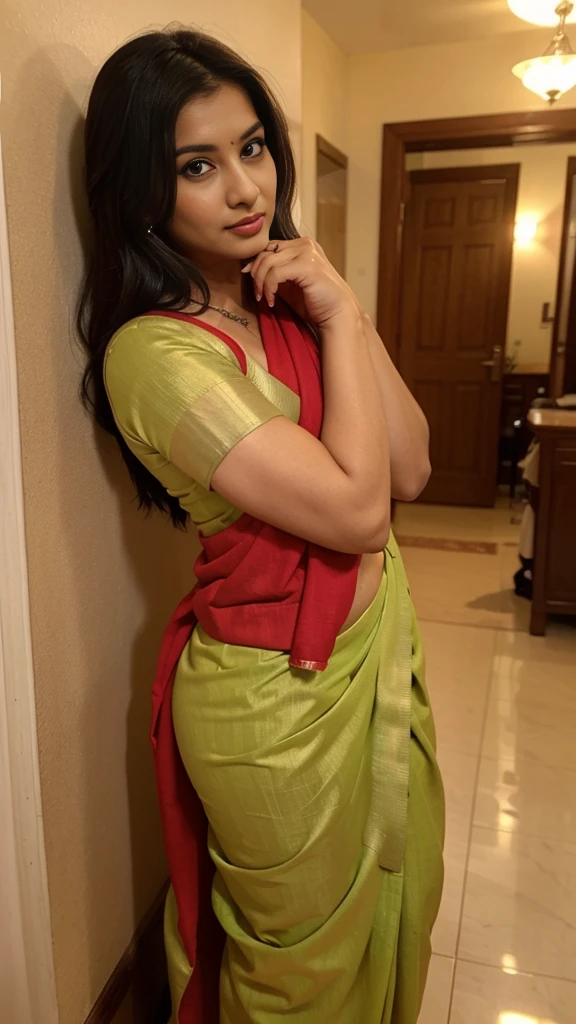 Indian bhabhi 36 year old  body type curve with big ass tits hair black and eyes green colour wear saree 
