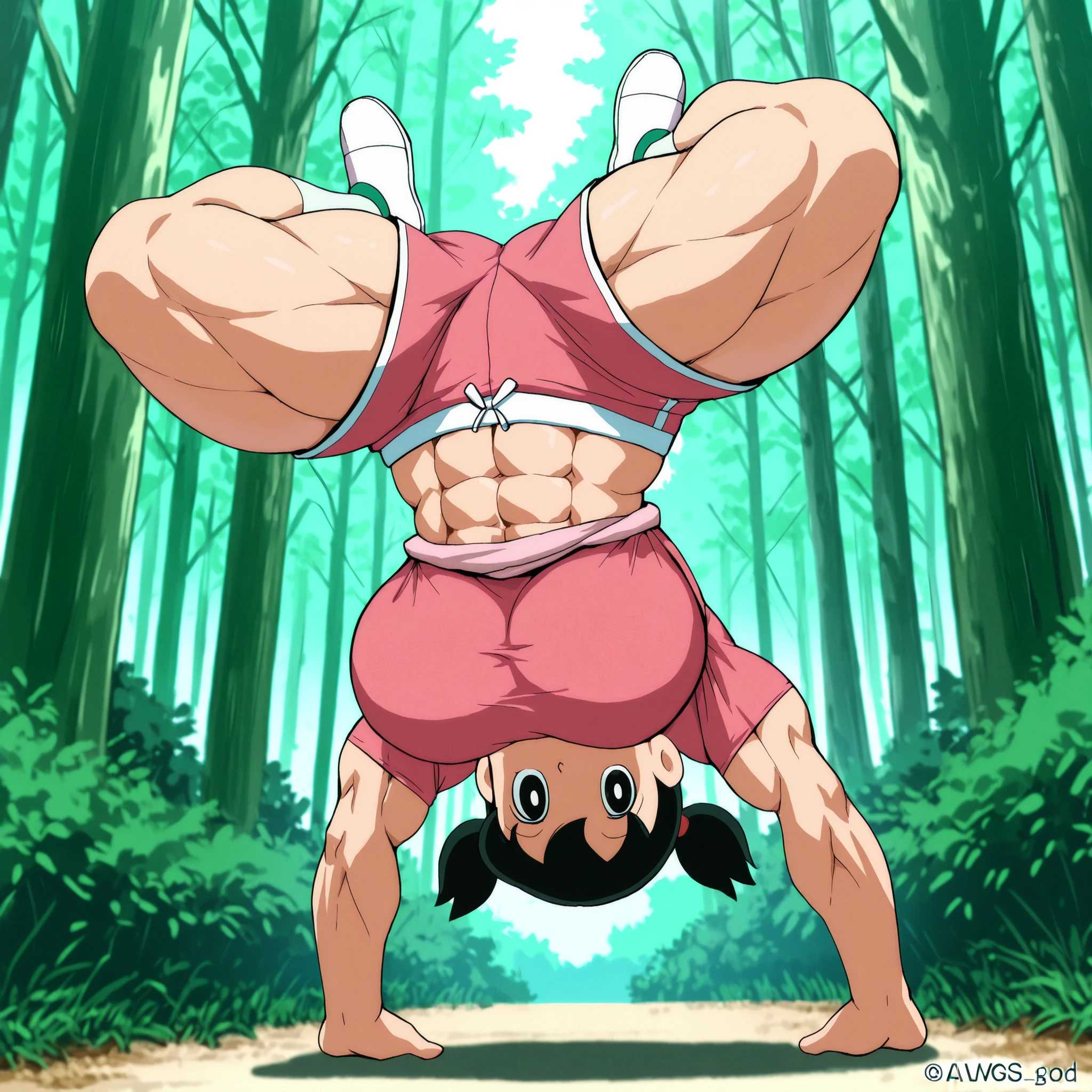 score_9, source_anime, rating_safe BREAK 1girl, solo, minamoto shizuka \(doraemon\), black hair, low twintails, short twintails, black eyes, pink shirt, white solo, long Shot, looking at viewer, eye level shot,big pec's, over-sized breast,pink shirt, pink shorts, upper body shot, eye level shot, tight abs vissible in clothes, doing handstand, side profile, big shoulder's, Big leg's, Thick muscle thigh, calvs, detailed muscle's, detailed muscle's, lat spread, big bicep's, full body, forest outdoors , masterpiece, TOP QUALITY, amazing image quality