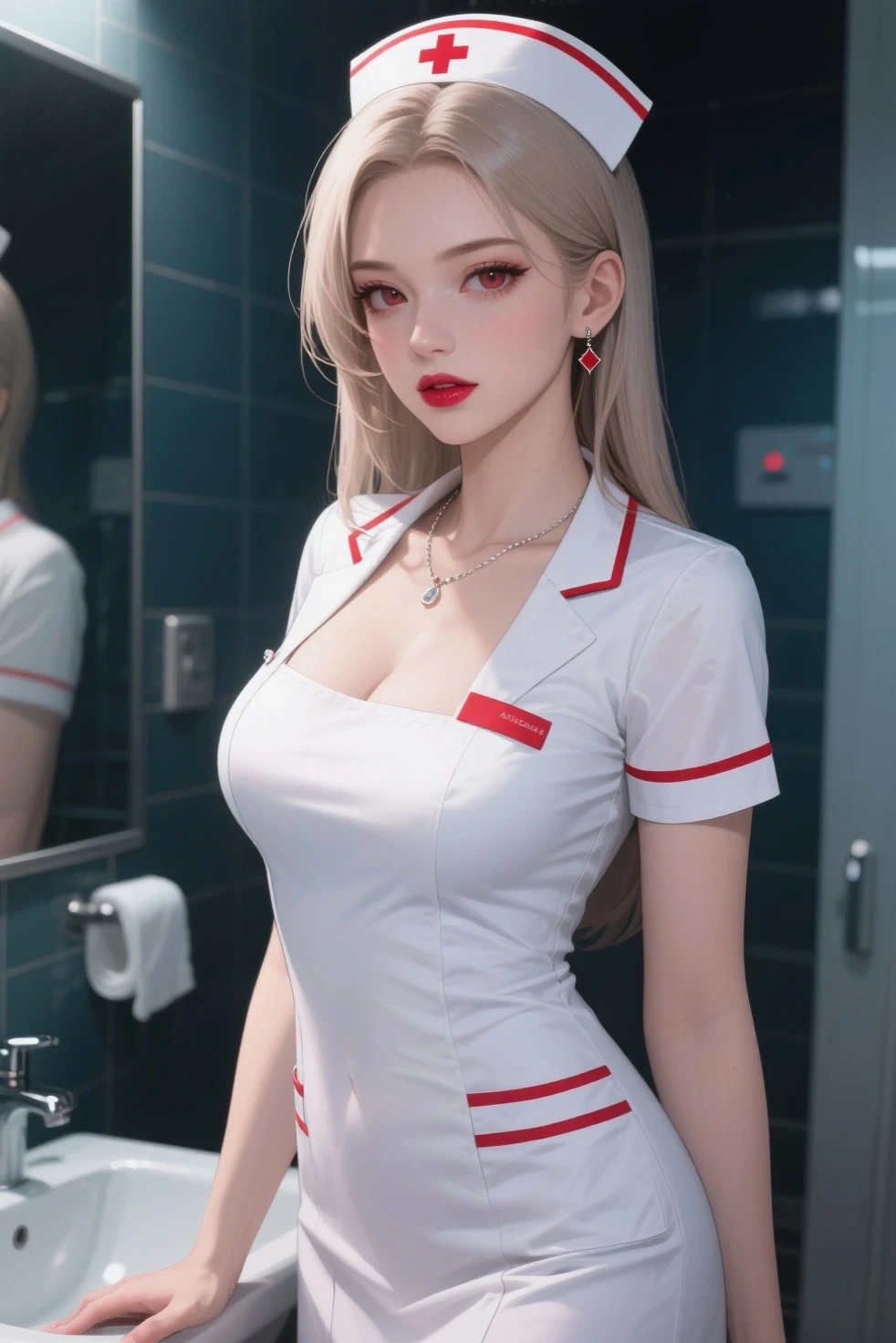 1girl, (solo:1.2), (cowboy shot:1.2), (Beautiful and detailed eyes description), (Beautiful and detailed face), Perfect female body, neat figure, slender waist, (young girl), (20 years old), long hair, platinum blonde hair, very big eyes, blue eyes, medium breasts, blush, shy, watery lips, nurse, (transparent nurse dress), nurse cap, unbuttoned, (white gloves:1.2), (white pantyhose), high heels, necklace, earrings, indoors, school nurse, hospital bed, window, white curtains, sunlight, squatting, (best quality), (ultra detailed), (masterpiece), (highres), (original), (extremely detailed CG unity 8K wallpaper), character design, game cg, detailed manga illustration,(NSFW 1.5) ((naked)) ((sexy))