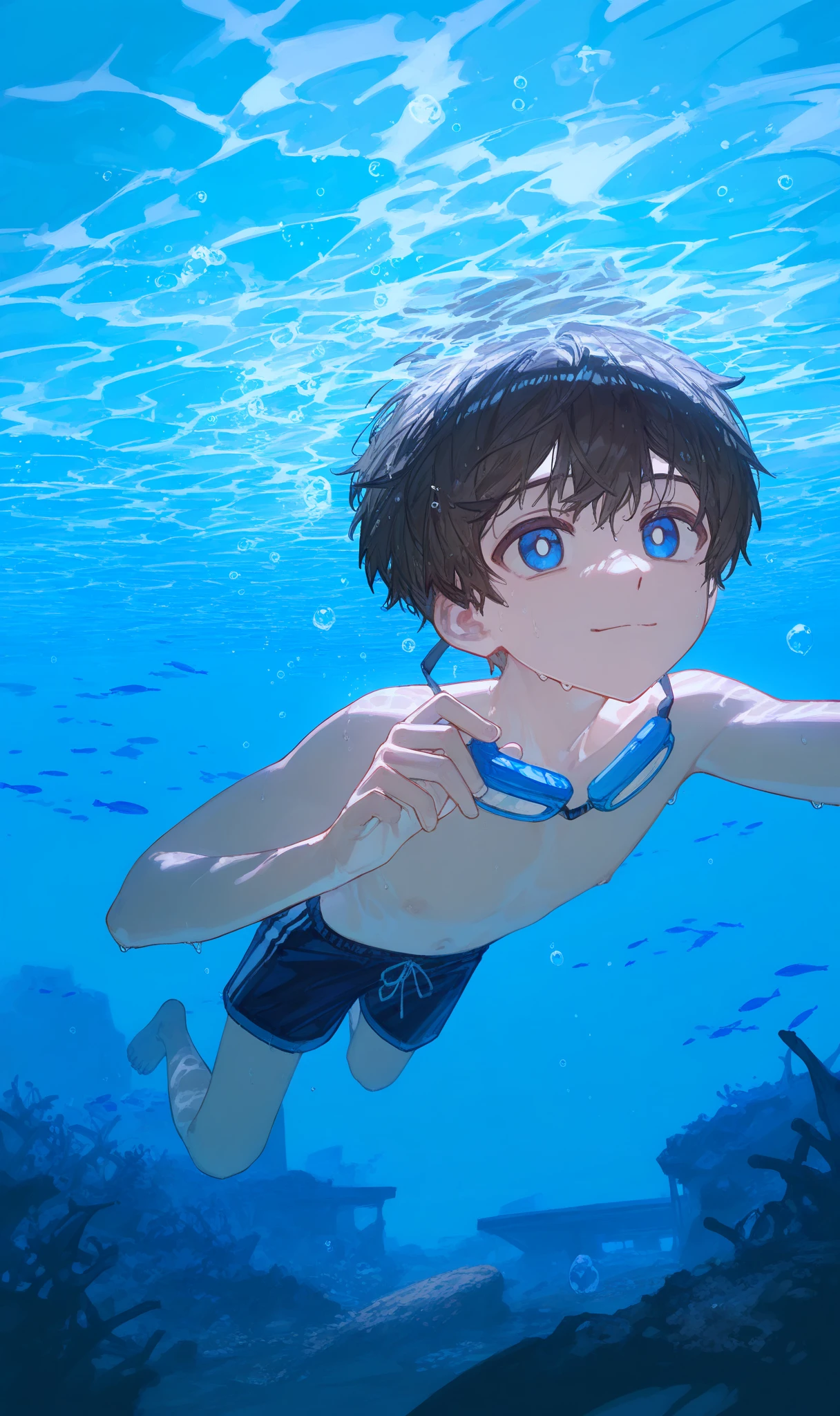 "Please draw a man swimming at the bottom of the sea,(1 3 year old boy:1.3), with short black hair,The facial expressions are joy and nervousness。His eyes looked ahead,The expression is a little between tension and pleasure。His body may be somewhat unstable,And the expression on the face is a balance between pleasure and tension underwater。"