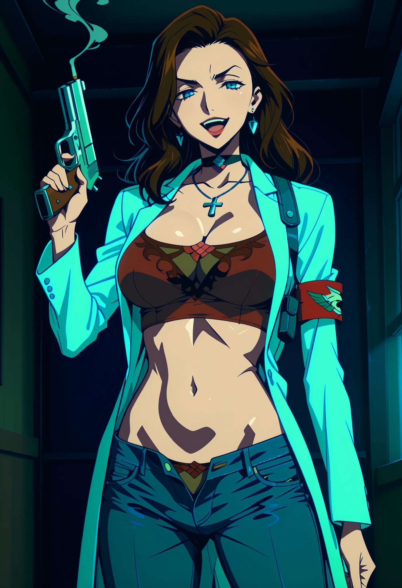 general,highres, ultra-detailed,very aesthetic,best quality ,best hands,best eyes,easynegative,
, anime cloring,anime screencap,
1girl solo,looking at viewer,,
Sophie Landel,brown_hair, short_hair, blue_eyes, lipstick, earrings, ,ear piercing, long hair, lipstick,Hot girl, baddie, smoking, sensual, attractive ,cross necklace, choker, ,pull_down jeans(show off panties,:1.2, no panties),masterpiece,high quality,4k,belly,,holding pistol,cleavage, ,unbuttoned shirt, collared shirt, knot, smile, open mouth, () , evil expression,belly, exposed navel, exposed midriff, exposed lower belly,dragon print jacket, unbuttoned jeans , low rise black jeans, Low rise jeans with open fly, , criss-cross halter, shoulder holster, medium large ,looking at viewer , dragon tattoo on waist, narrowed eyes, tattoo on waist, anipai_style , anime screencap , anime coloring, v-shape eyebrows,